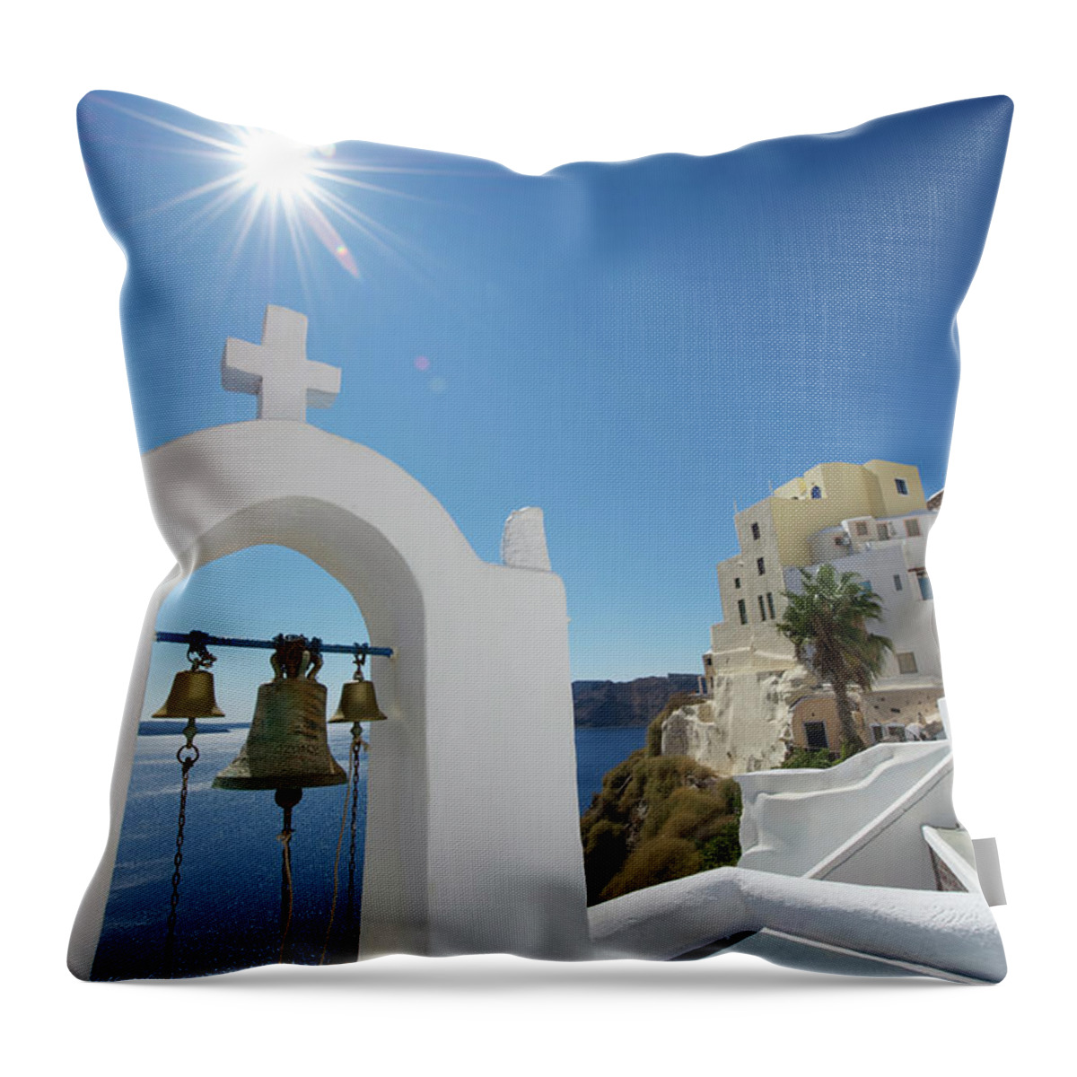 Scenics Throw Pillow featuring the photograph Bright Bell Tower Santorini Greece by Peskymonkey