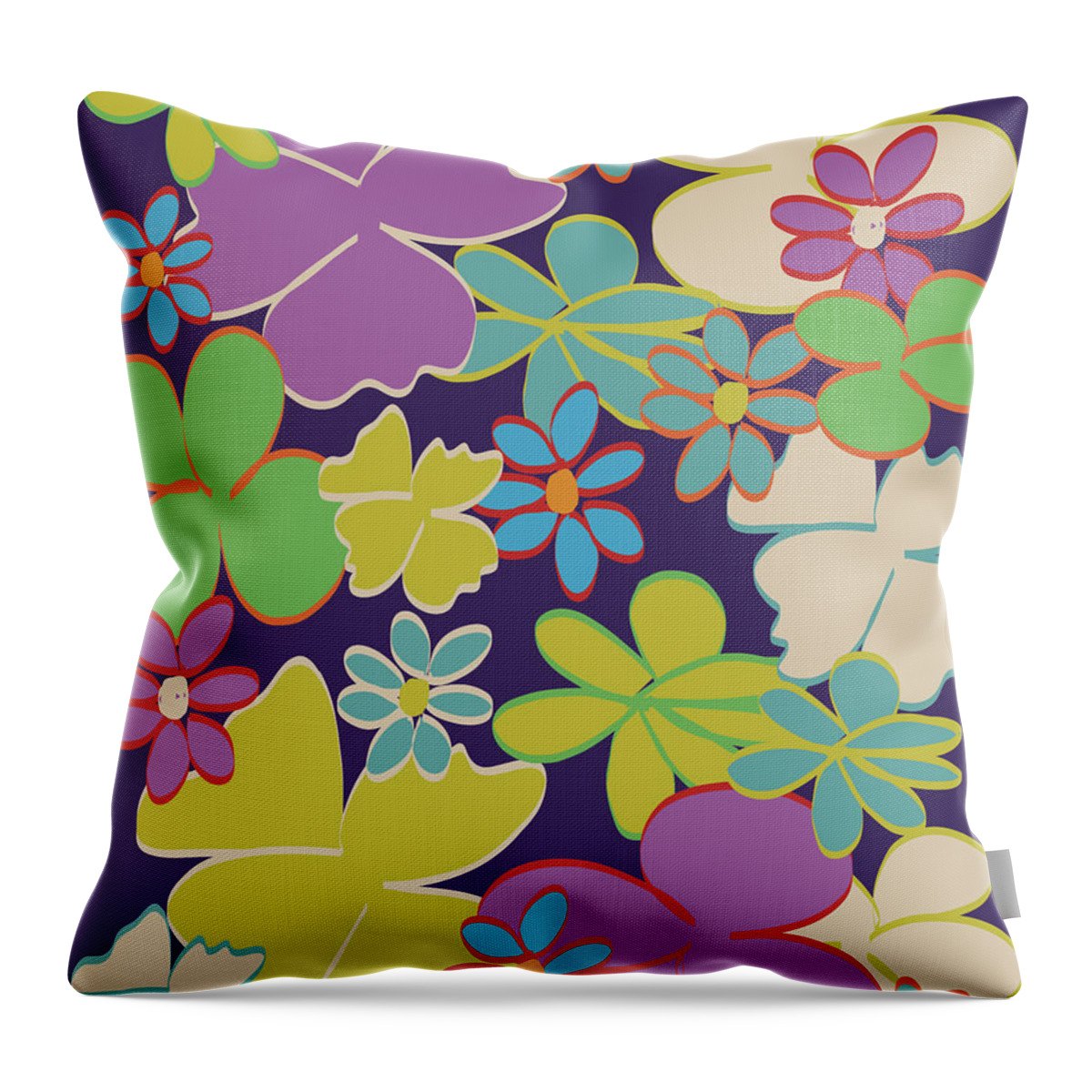 Hand-drawn Flowers Throw Pillow featuring the digital art Bright Blooms on Dark Purple by Lisa Blake