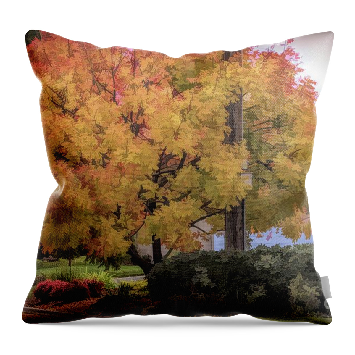 Autumn Throw Pillow featuring the digital art Brilliant Fall Color Tree Yellows Oranges Seasons by Chuck Kuhn