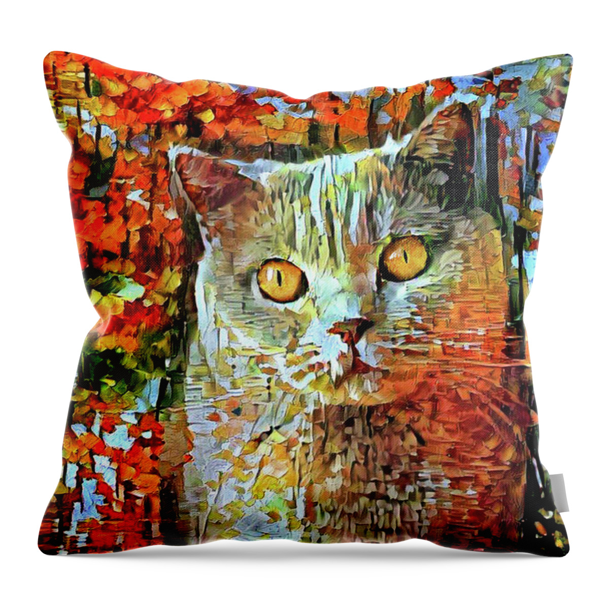 British Shorthair Cat Throw Pillow featuring the digital art British Shorthair Cat in Autumn by Peggy Collins