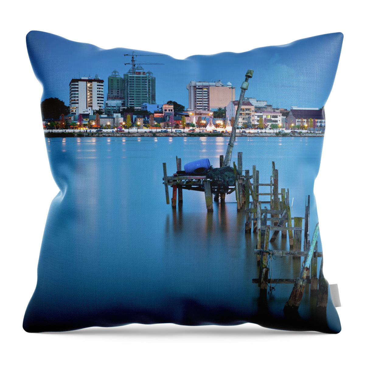 Tranquility Throw Pillow featuring the photograph Broken Jetty At Blue Hours by Www.imagesbyhafiz.com