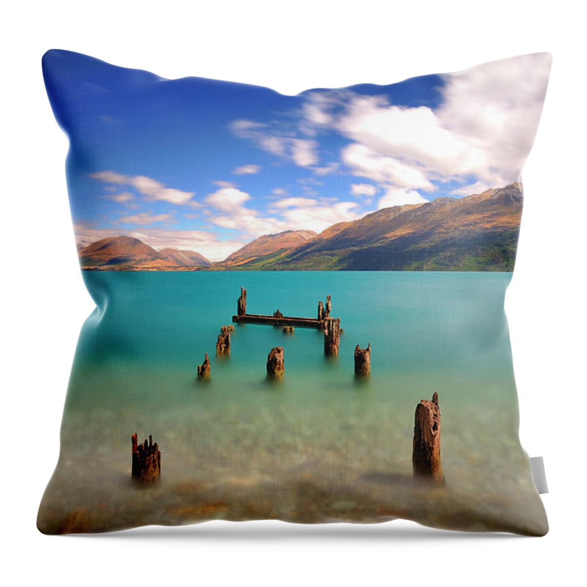 Tranquility Throw Pillow featuring the photograph Broken Pier At Sea by Photography By Anthony Ko