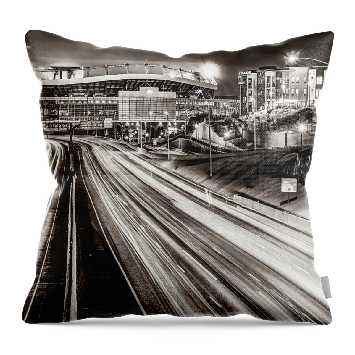 America Throw Pillow featuring the photograph Mile High City Lights and Football Stadium in Sepia by Gregory Ballos