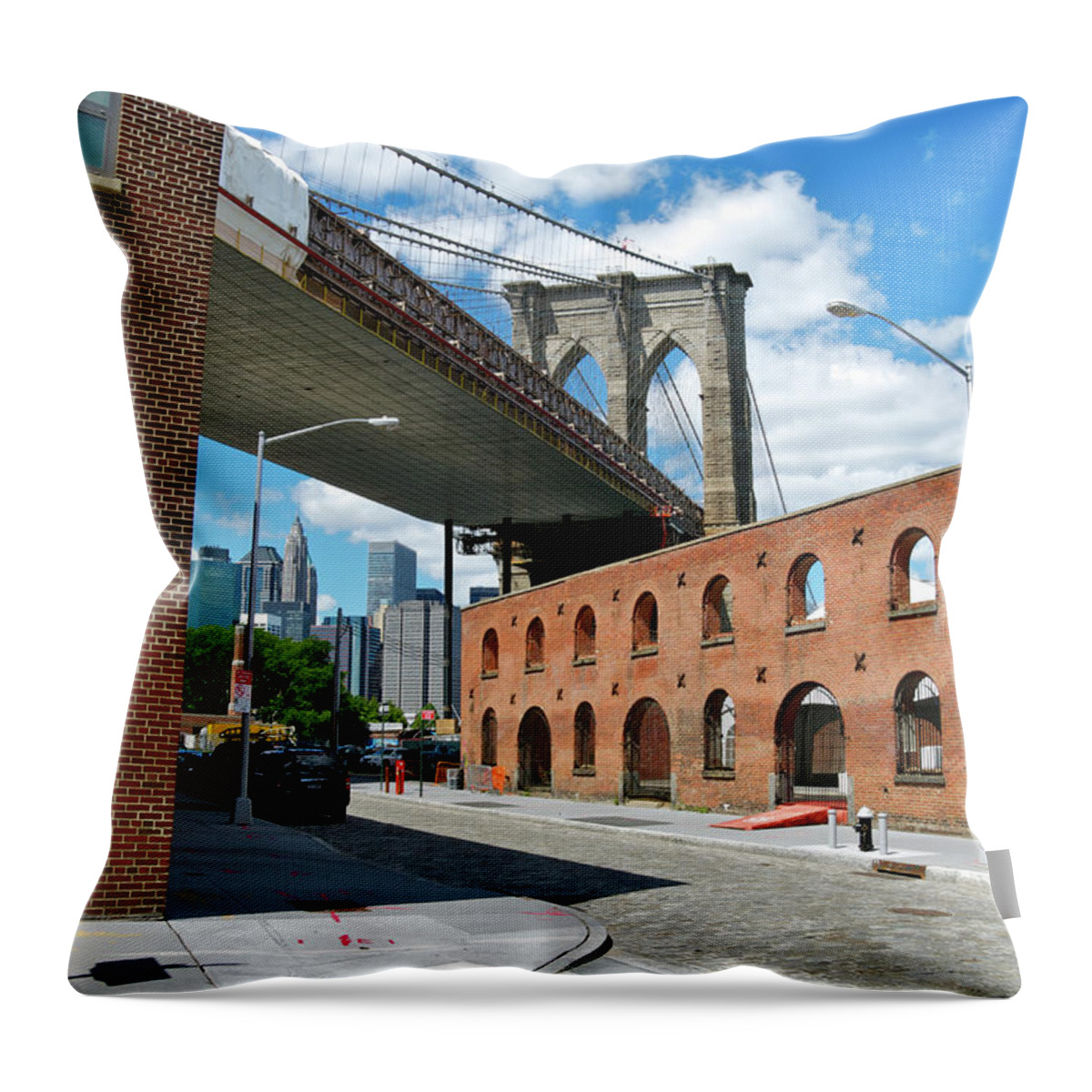 Lower Manhattan Throw Pillow featuring the photograph Brooklyn Bridge As Seen From Water by Jaylazarin