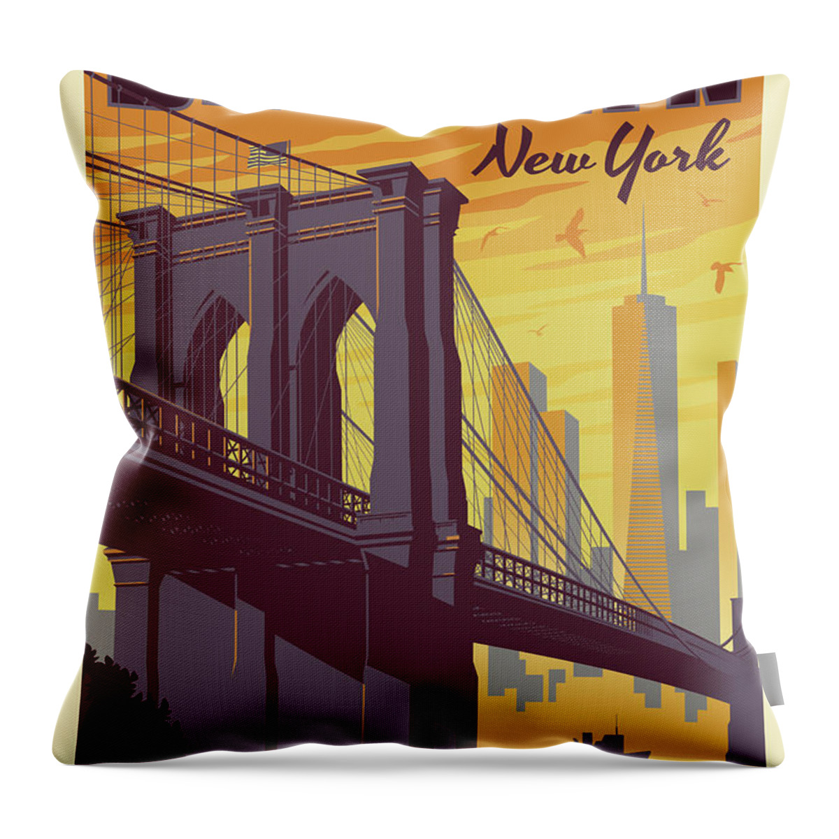 Travel Poster Throw Pillow featuring the digital art Brooklyn Poster - Vintage Brooklyn Bridge by Jim Zahniser
