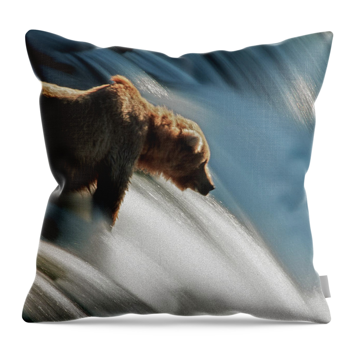 Poetry- Literature Throw Pillow featuring the photograph Brown Bear At Brooks Falls by Mark Newman