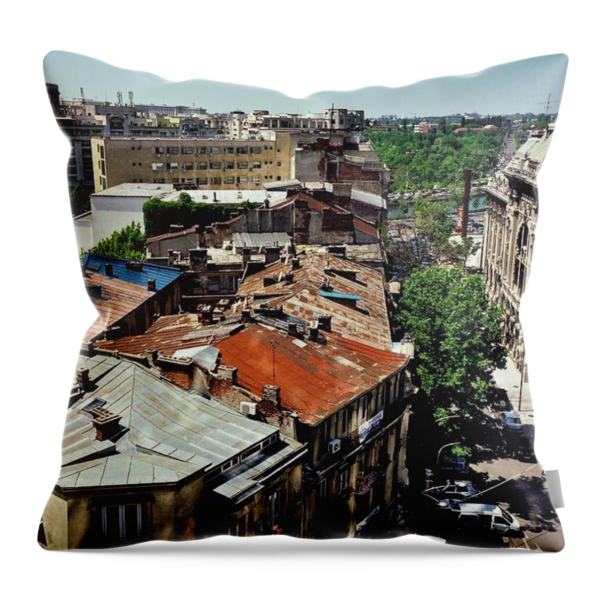 Treetop Throw Pillow featuring the photograph Bucharest Tin Roof Skyline by Image By Damian Bettles