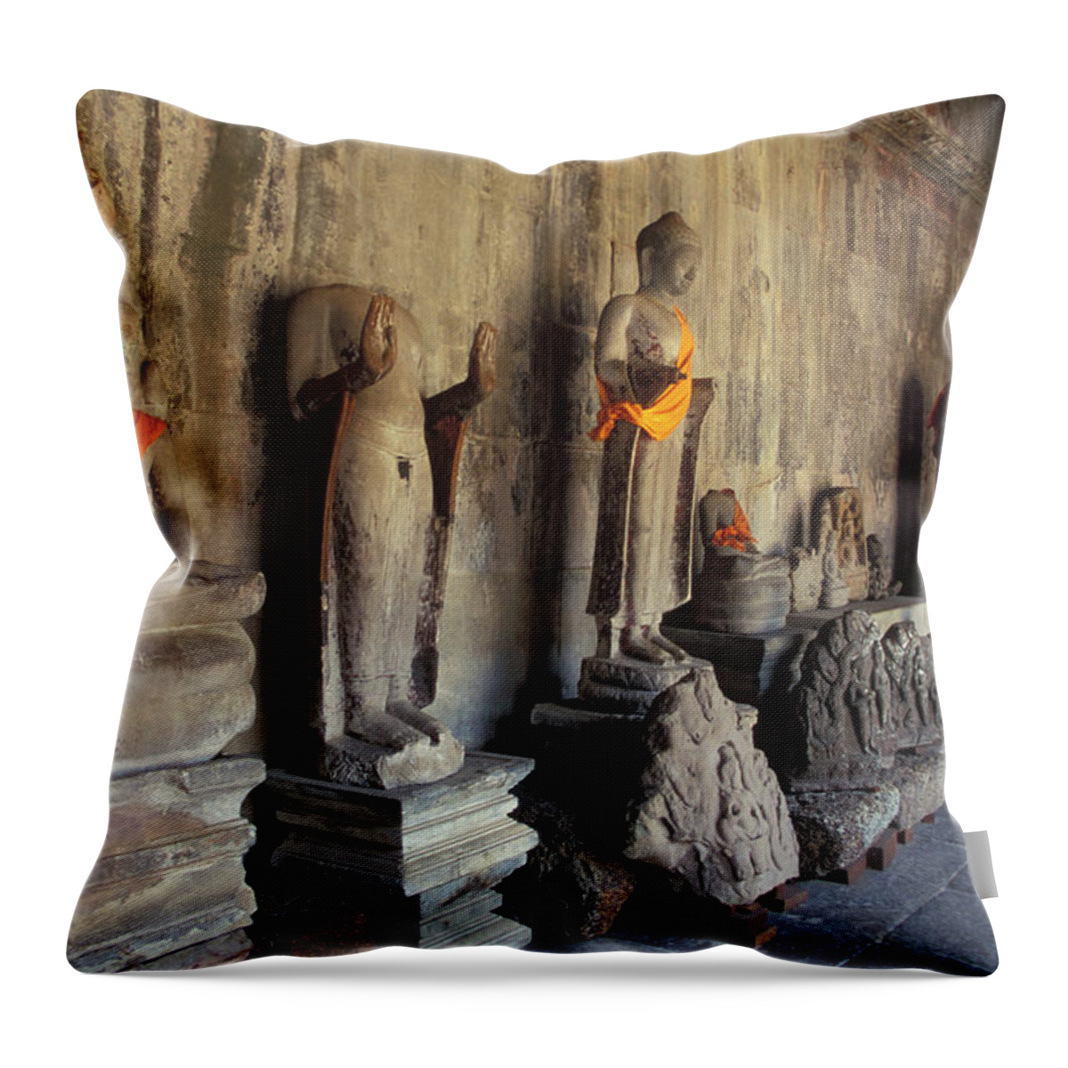 Tranquility Throw Pillow featuring the photograph Buddha Statues, Angkor Wat, Cambodia by James Gritz