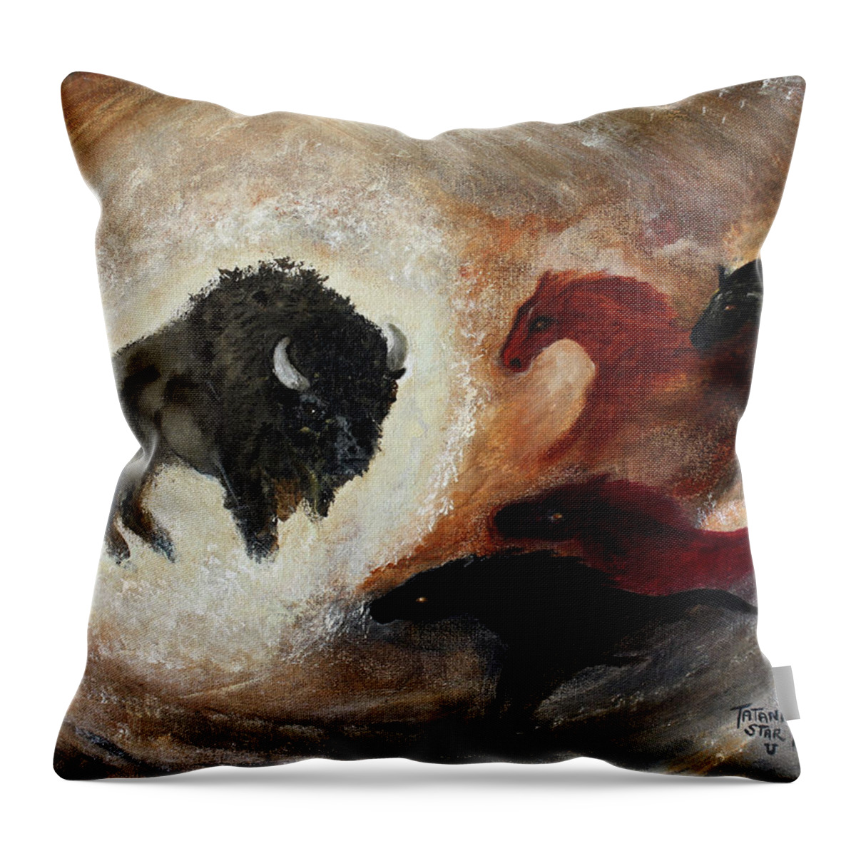 Tatanka Throw Pillow featuring the painting Buffalo and Horses Dream by Barbie Batson