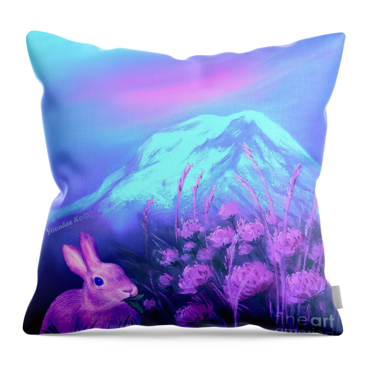 Mount Rainier Throw Pillow featuring the painting Bunny's Memory of Mount Rainier by Yoonhee Ko