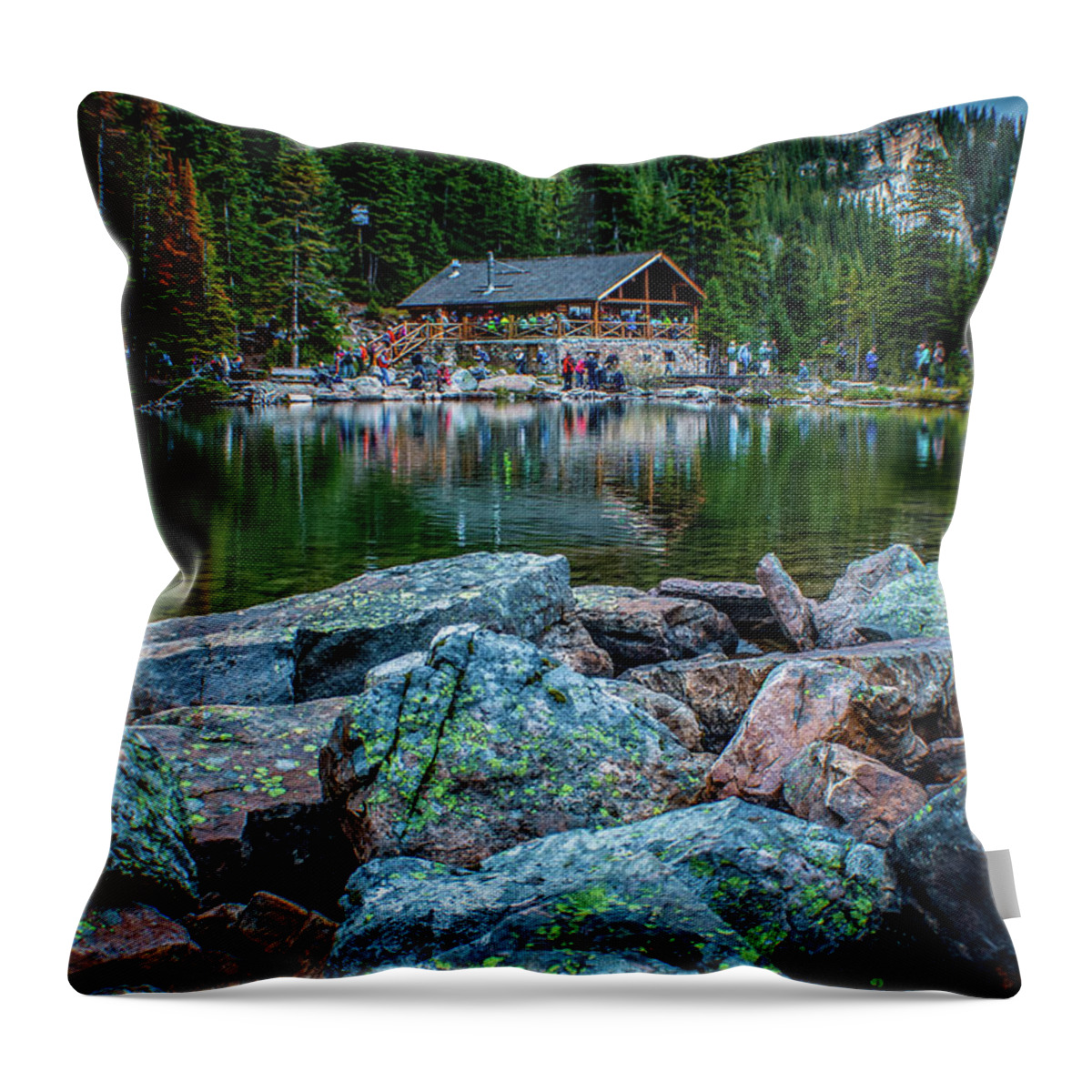 Alberta Throw Pillow featuring the photograph Busy lake Agnes Tea House by Thomas Nay