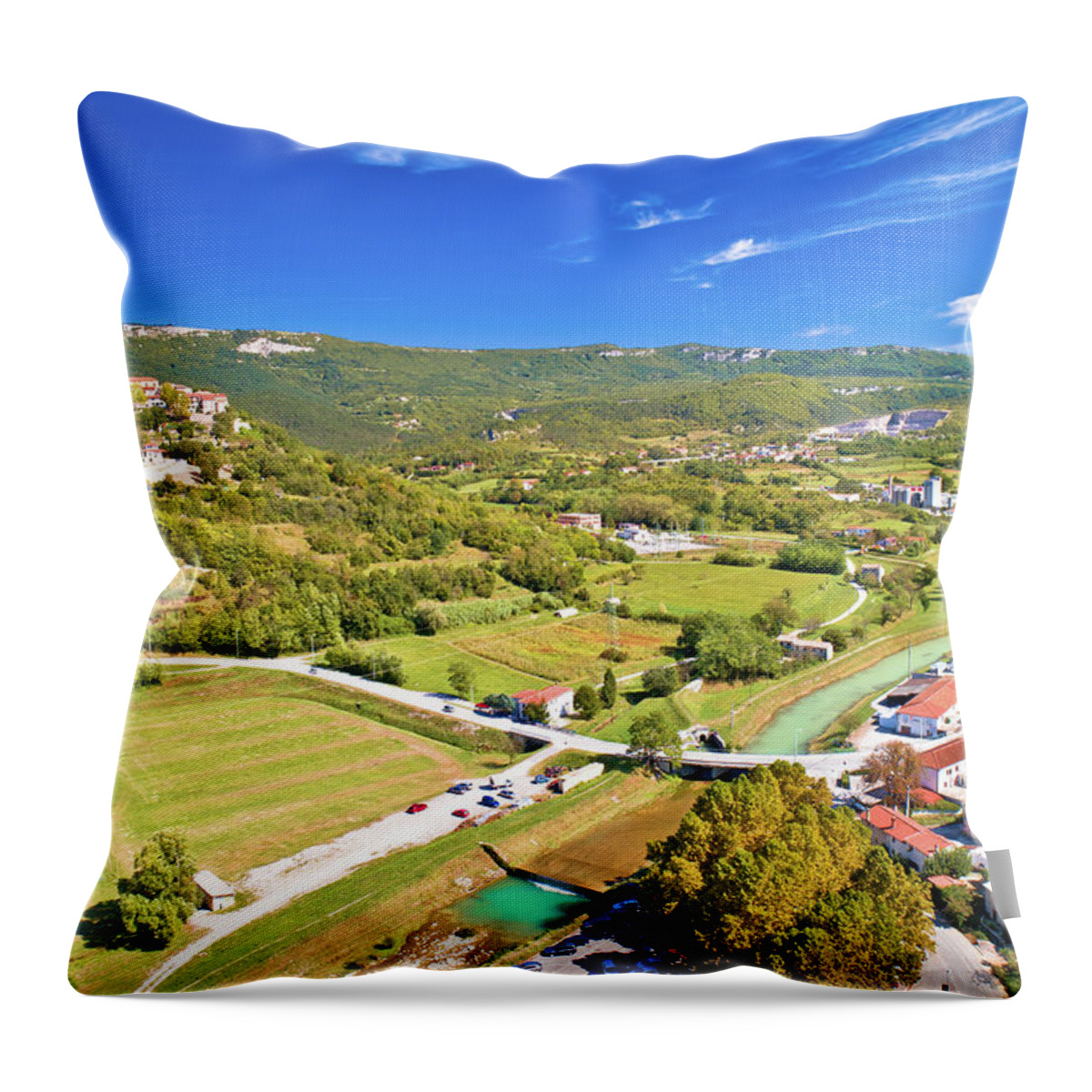 Buzet Throw Pillow featuring the photograph Buzet. Hill town of Buzet and Mirna river in green landscape aer by Brch Photography