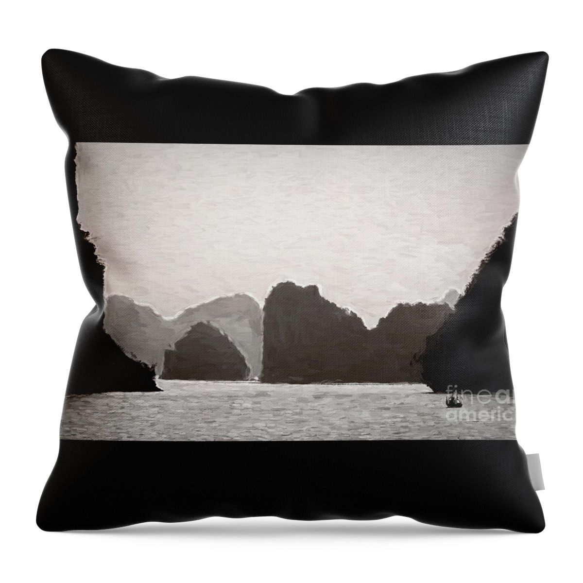 Vietnam Throw Pillow featuring the painting BW Artistic Texture Ha Long Bay Vietnam by Chuck Kuhn
