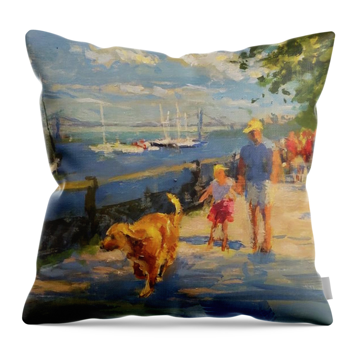 New York Throw Pillow featuring the painting By the River, Sunday Morning by Peter Salwen