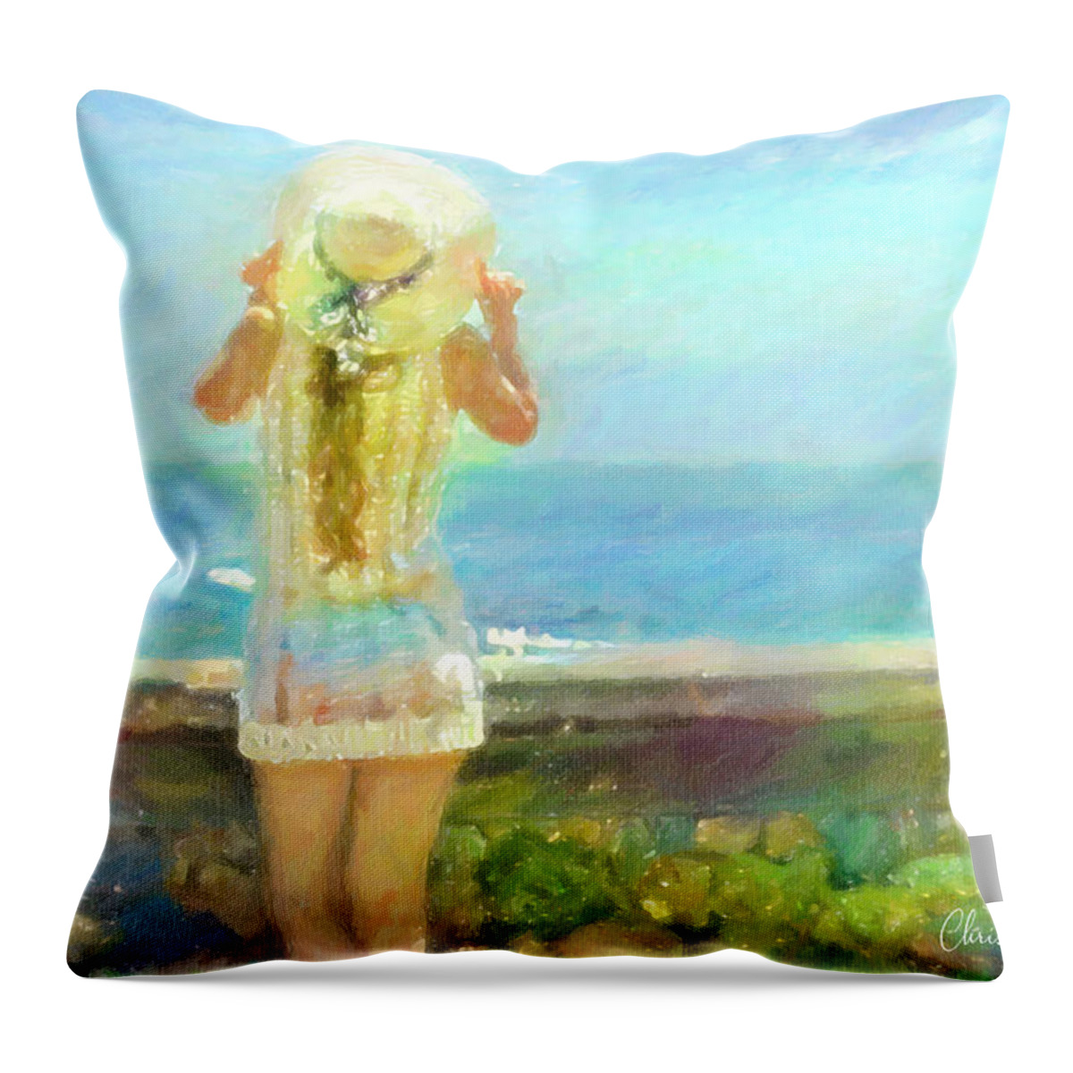 Girl Throw Pillow featuring the pastel By the Sea by Chris Armytage