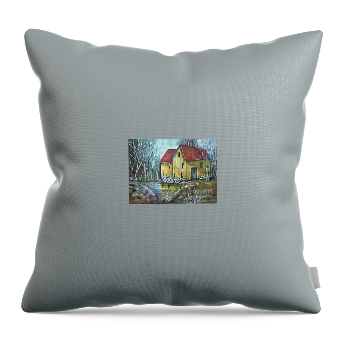Original Painting Throw Pillow featuring the painting Cabin in the woods by Maria Karlosak