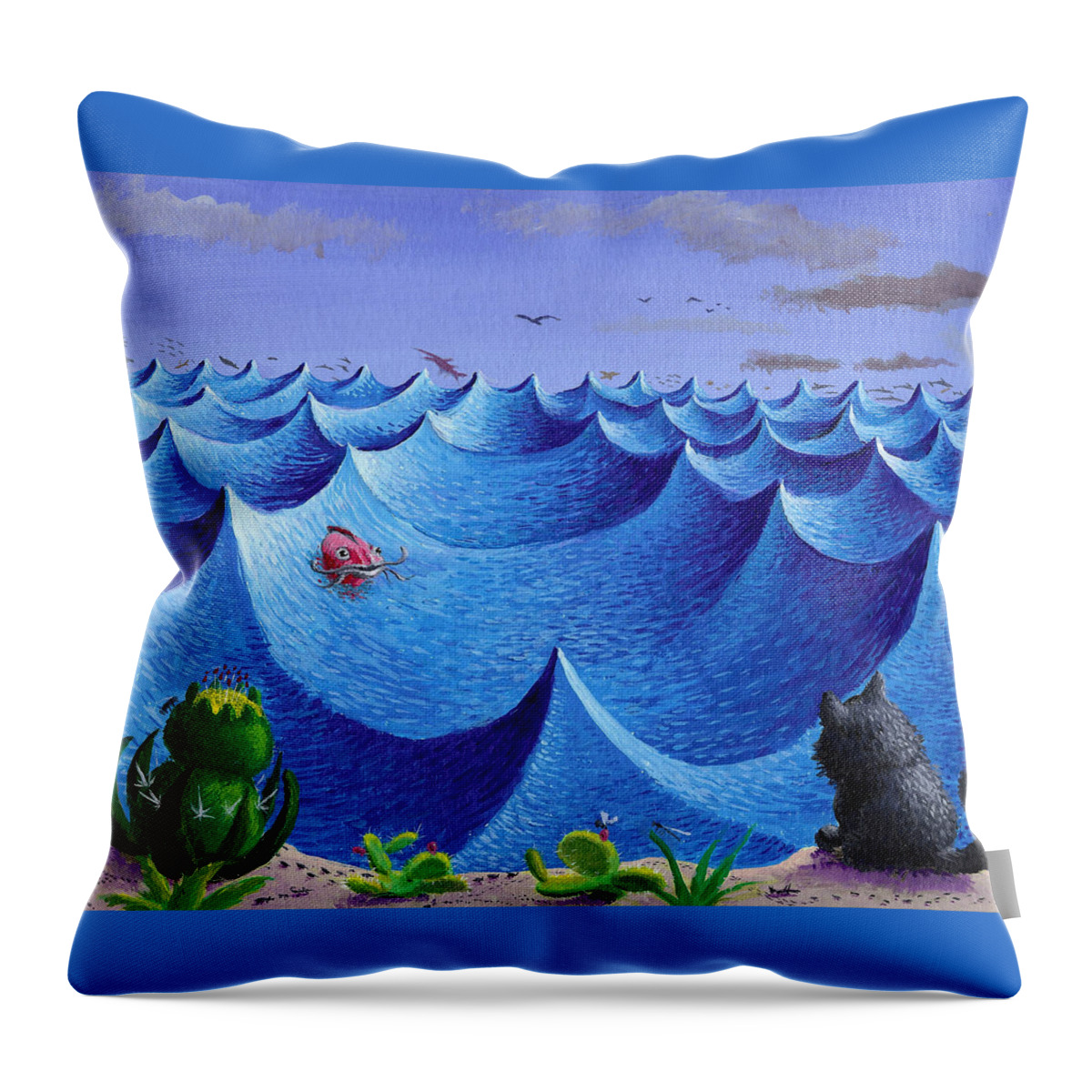 Sea Throw Pillow featuring the painting Cactus, Cat, Fish by Sam Hurt