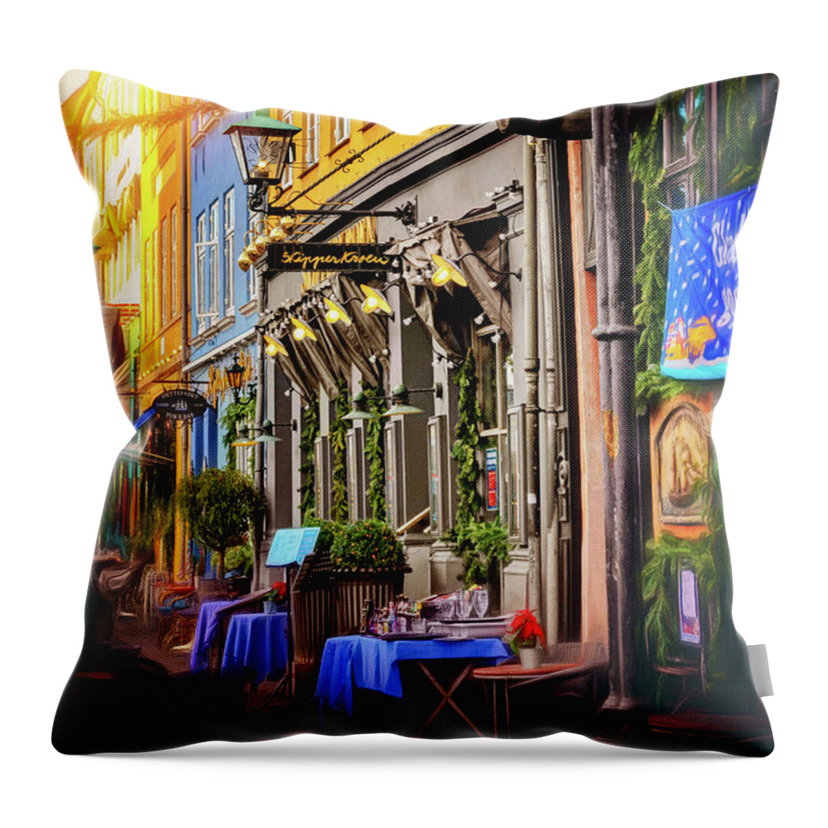 Nyhavn Throw Pillow featuring the photograph Cafe Row Nyhavn Copenhagen by Carol Japp