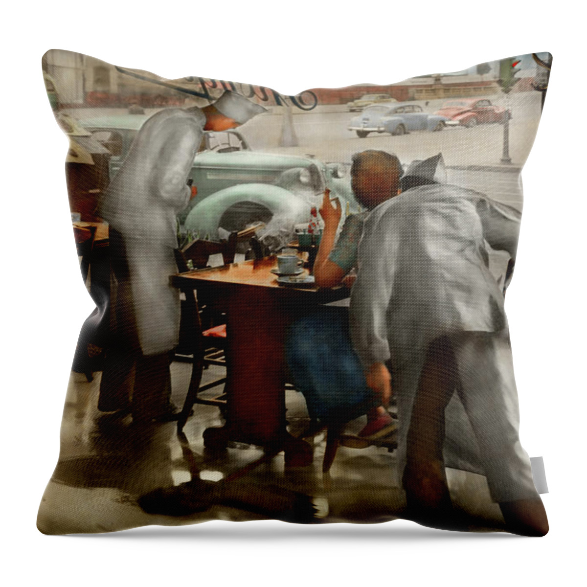 Chicago Throw Pillow featuring the photograph Cafe - Table for one 1941 by Mike Savad