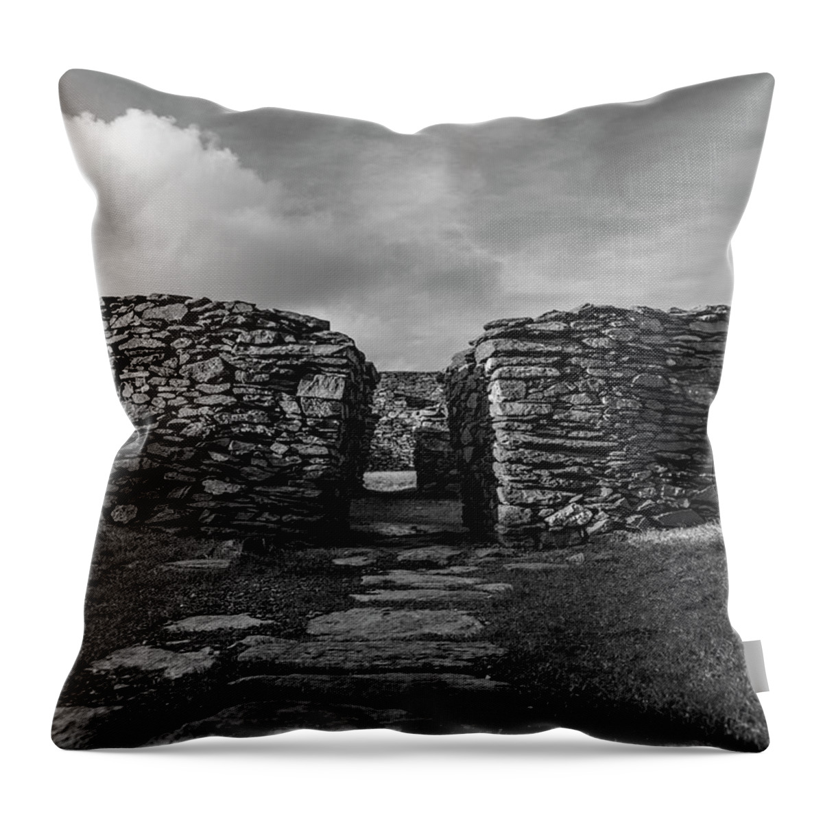 Cahergall Stone Fort Throw Pillow featuring the photograph Cahergall Stone Fort Ireland Black and white by John McGraw