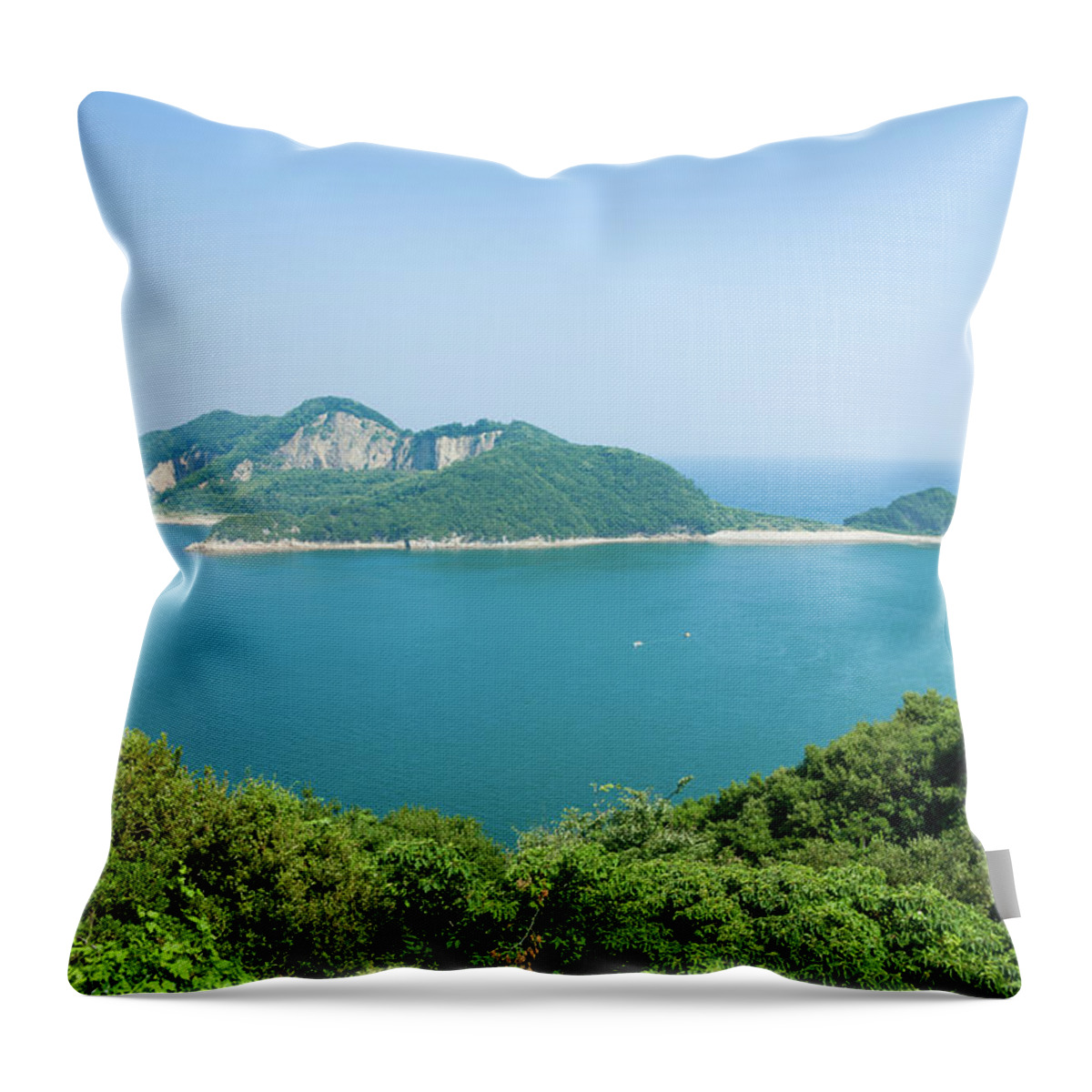 Scenics Throw Pillow featuring the photograph Calm Inland Sea With Lush Island Bay by Ippei Naoi