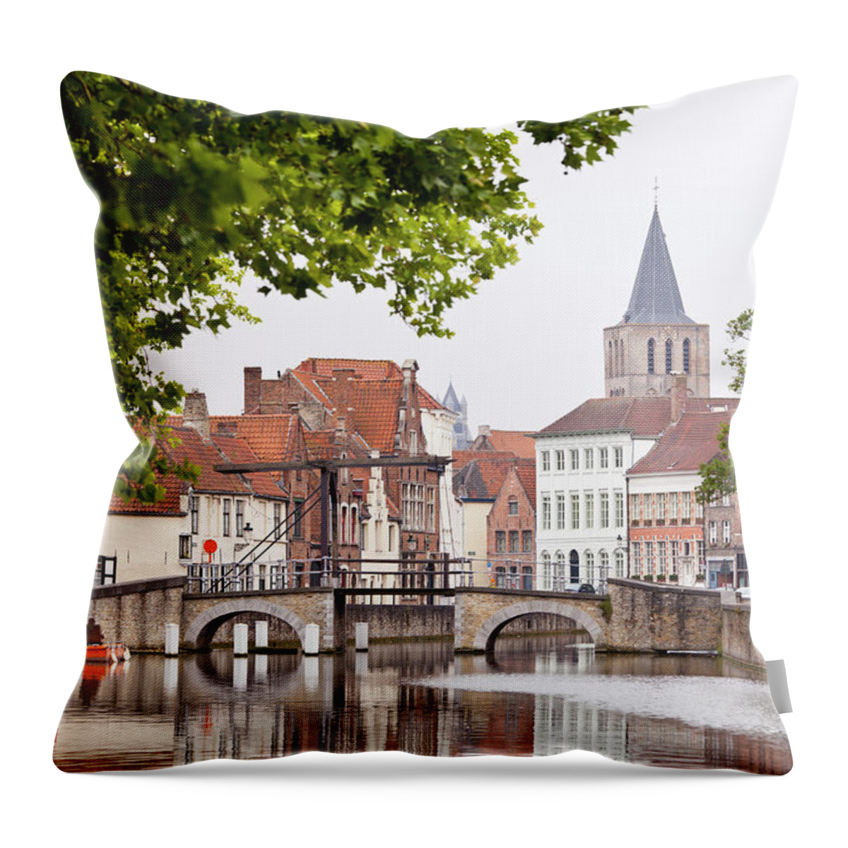 Belgium Throw Pillow featuring the photograph Canal Bridge At Potterierei In Bruges by Michaelutech