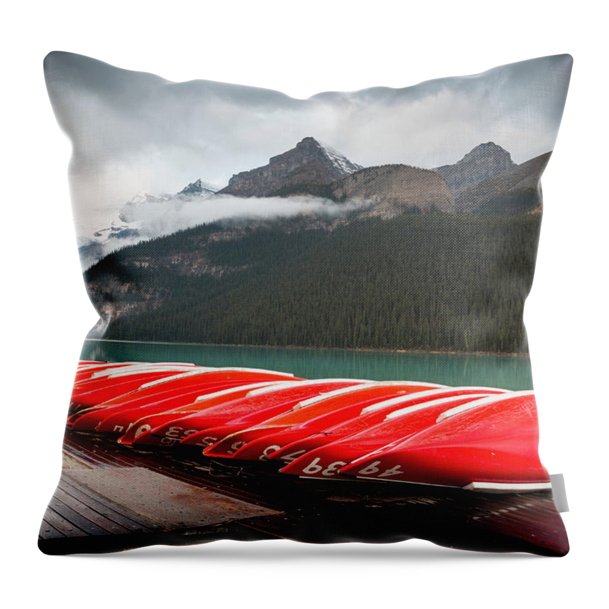 Camping Throw Pillow featuring the photograph Canoes On The Dock by Pgiam