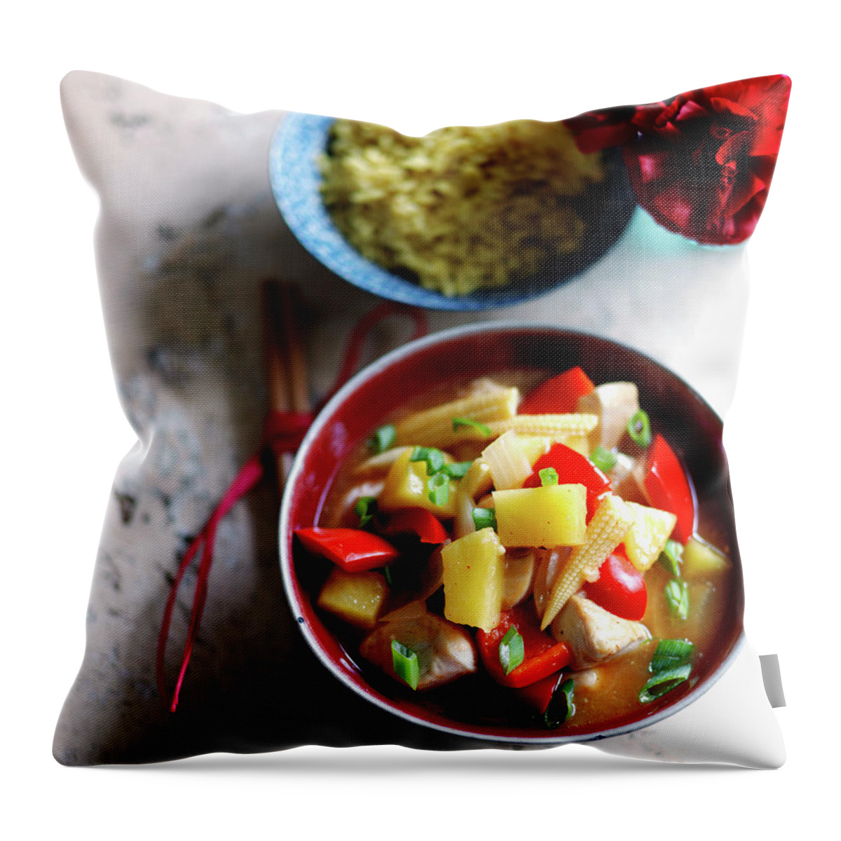 Ip_12484269 Throw Pillow featuring the photograph Cantonese Chicken With Pineapple, Red Peppers, Spring Onions And Corncobs by Karen Thomas