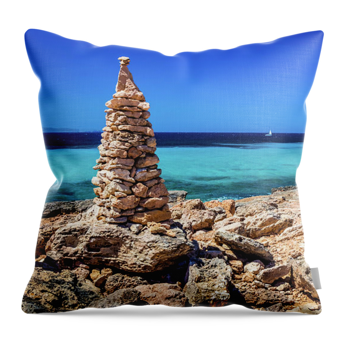 Stone Pile Throw Pillow featuring the photograph Cap de Ses Salines, Mallorca, Spain by Lyl Dil Creations