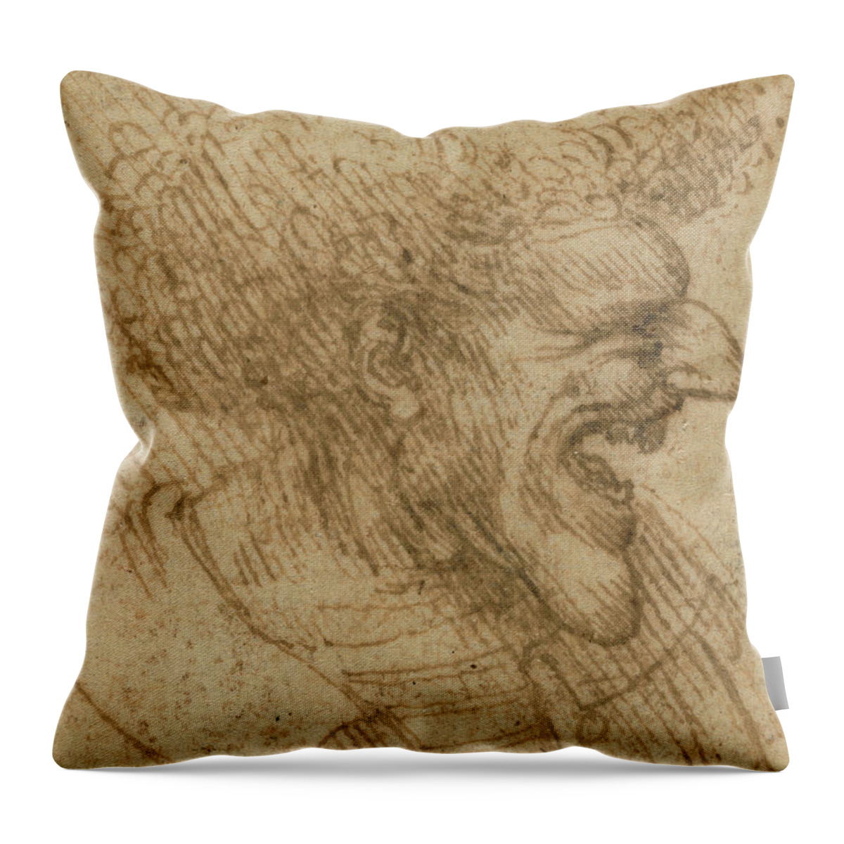 Leonardo Da Vinci Throw Pillow featuring the drawing Caricature of a Man with Bushy Hair by Leonardo Da Vinci