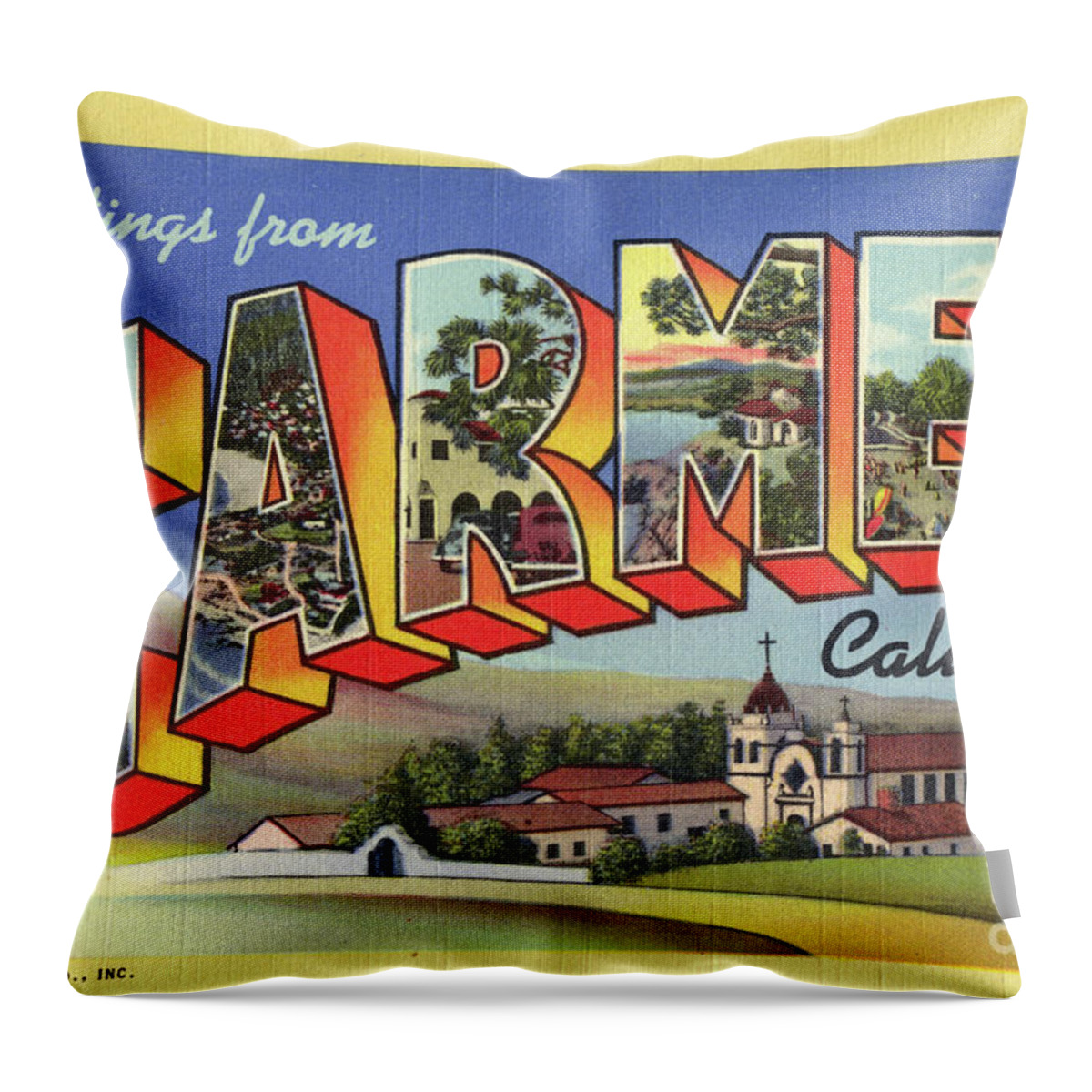 Greetings From Carmel Throw Pillow featuring the photograph Carmel circa 1938 by Monterey County Historical Society