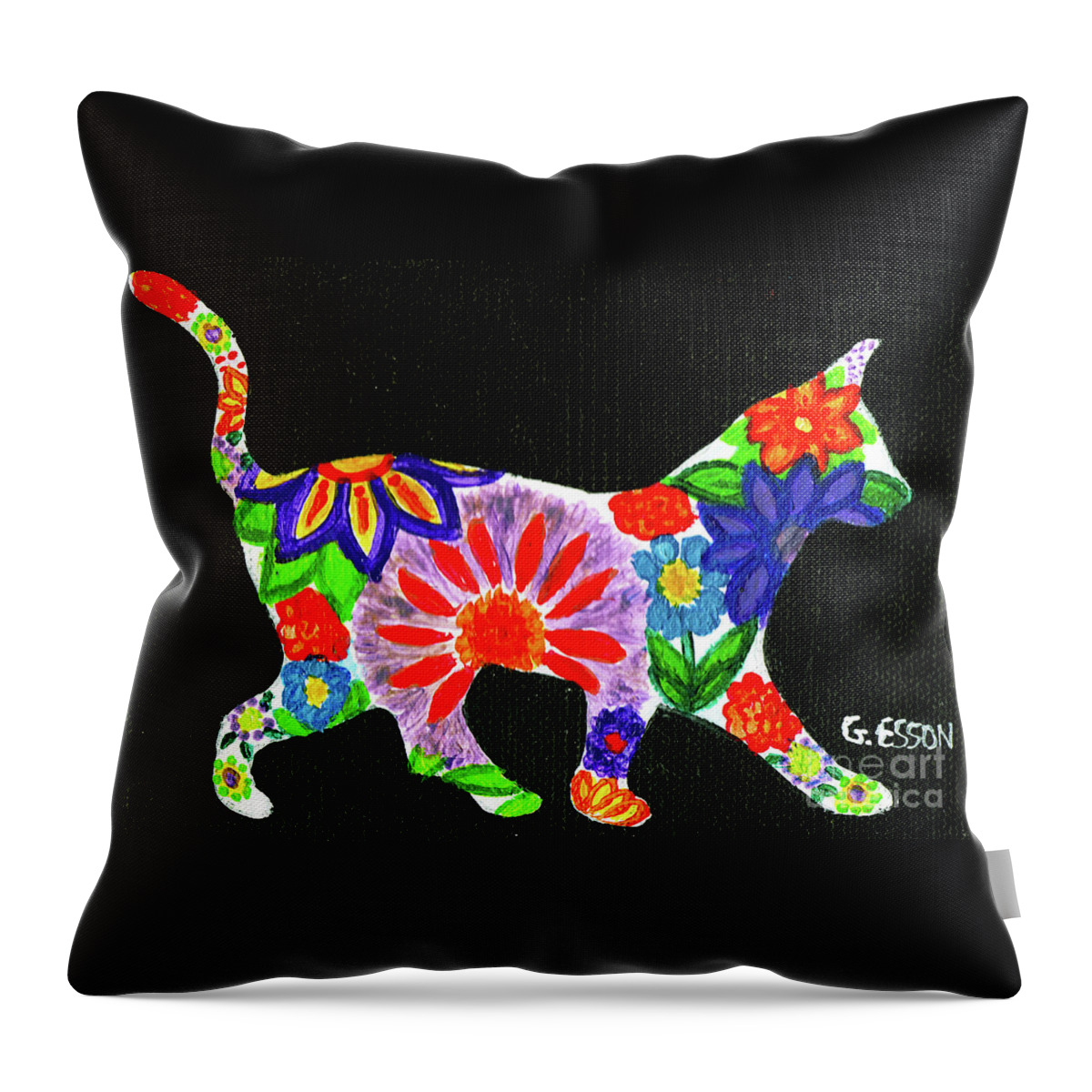 Cat Throw Pillow featuring the painting Cat In Floral Silhouette by Genevieve Esson