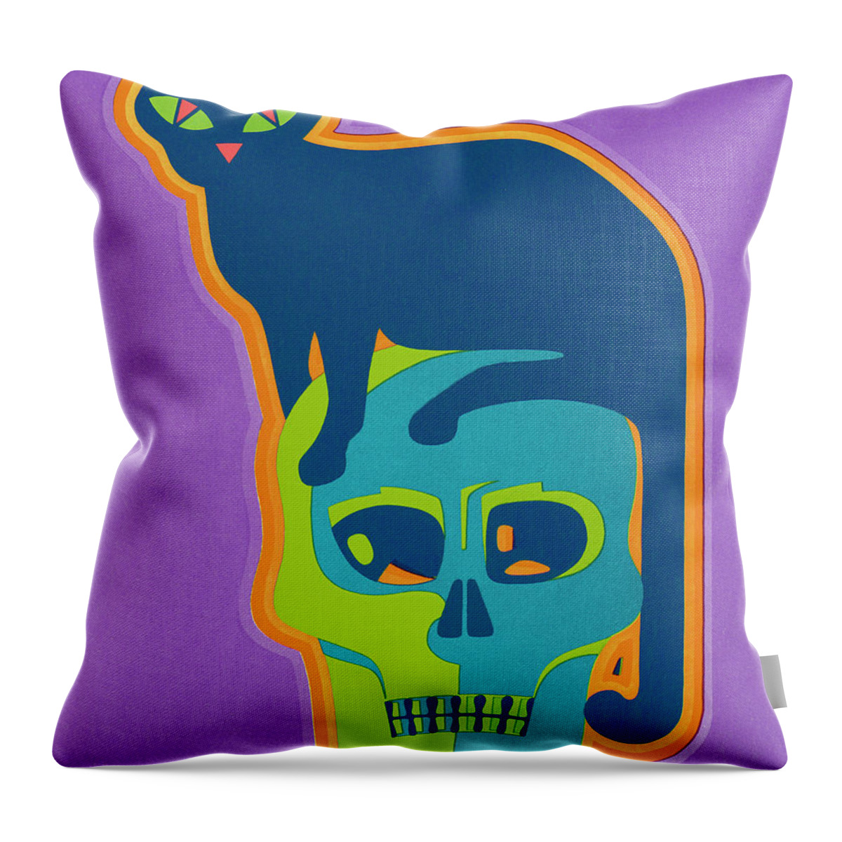 Afraid Throw Pillow featuring the drawing Cat Sitting on Skull by CSA Images