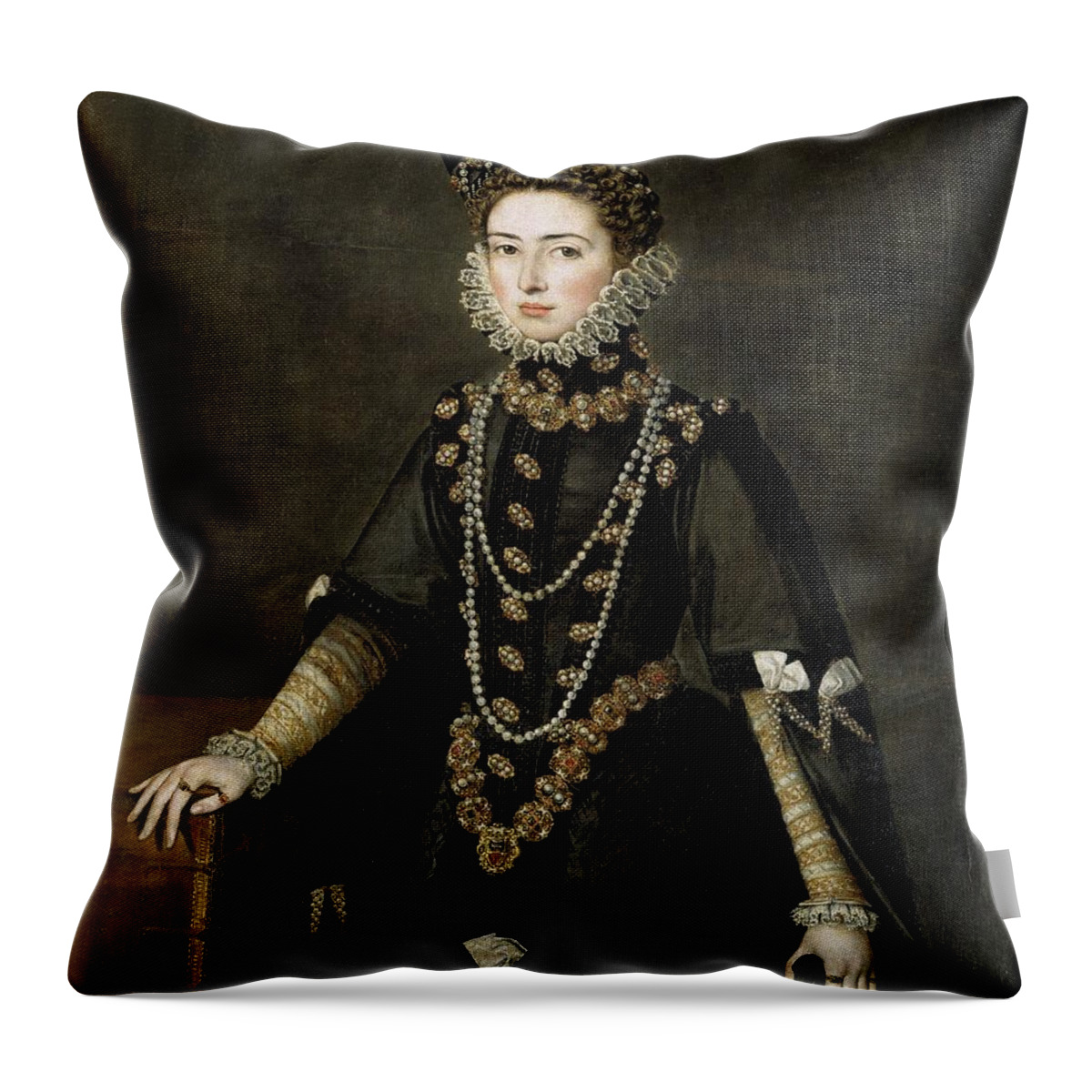 Alonso Sanchez Coello Throw Pillow featuring the painting 'Catalina Micaela de Austria, Duchess of Savoy', 1584-1585, Spanish Schoo... by Alonso Sanchez Coello -1531-1588-