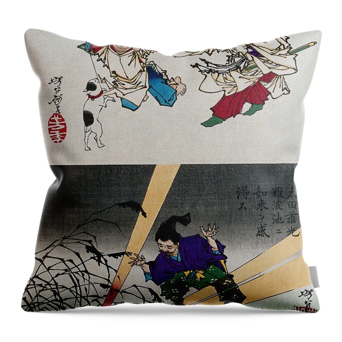 Cat Throw Pillow featuring the painting Catching a Cat by Yoshitoshi