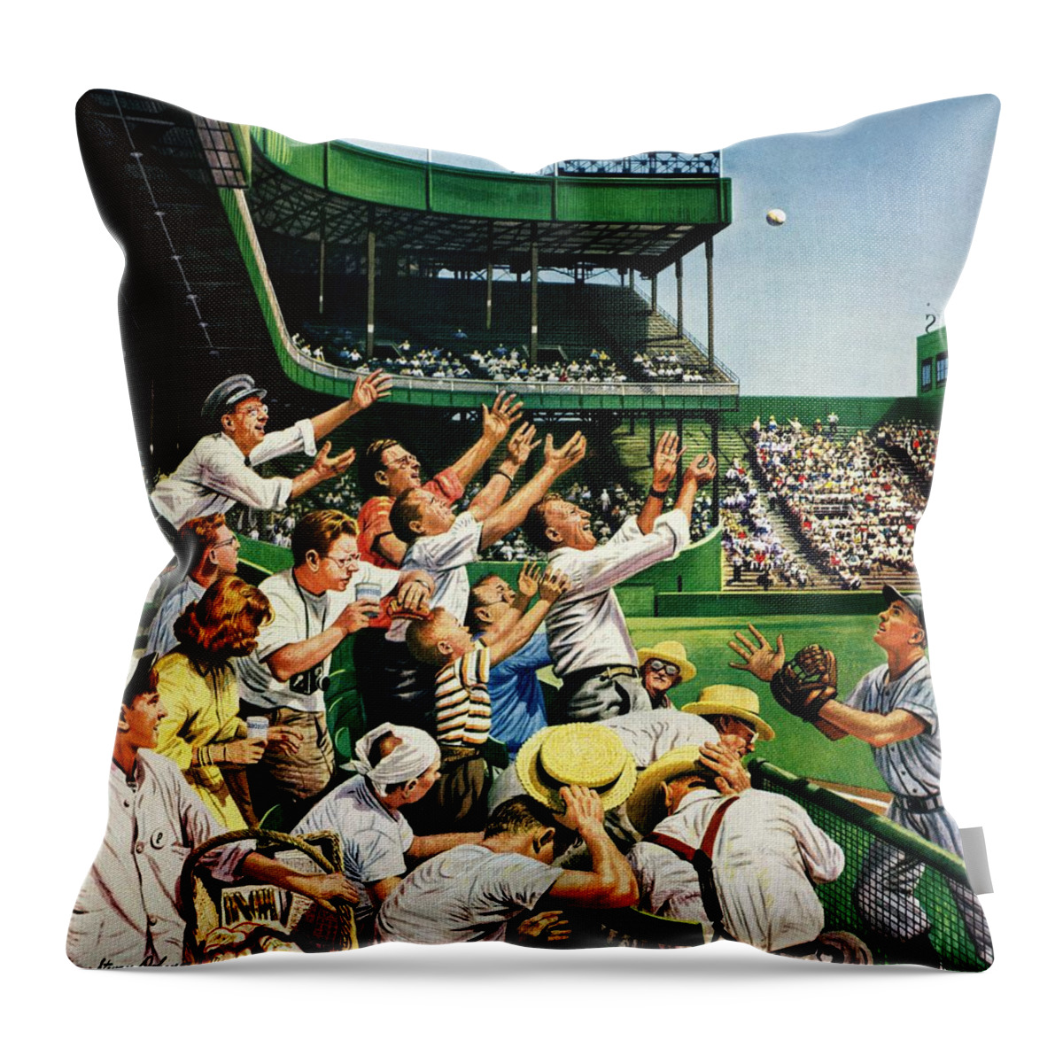 Baseball Throw Pillow featuring the drawing Catching Home Run Ball by Stevan Dohanos