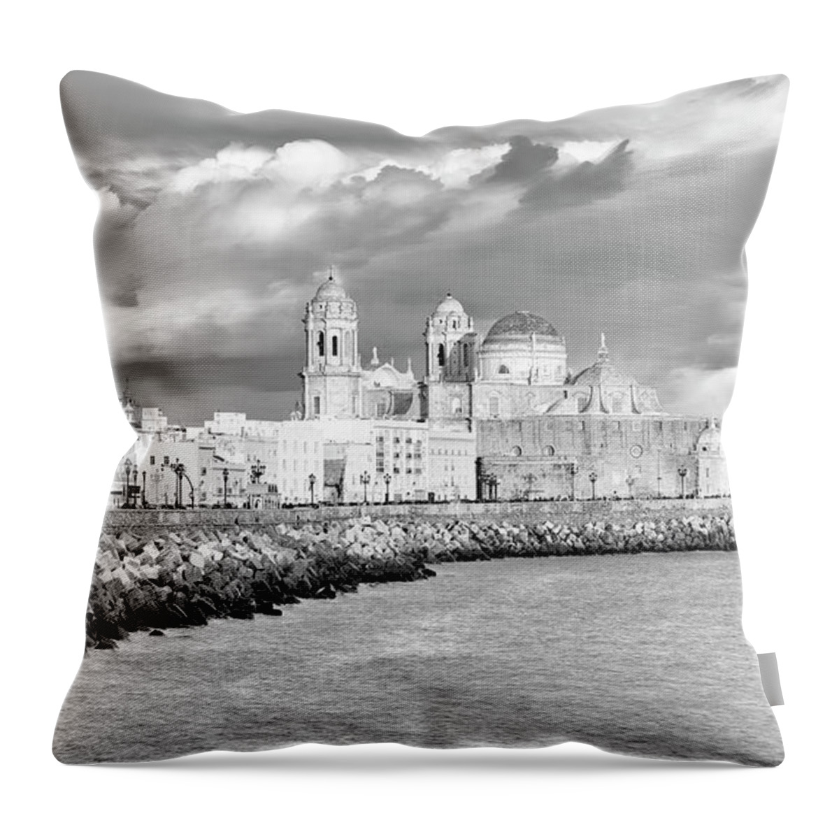 Landscape Throw Pillow featuring the photograph Cathedral from Southern Field Cadiz Spain Black and White by Pablo Avanzini