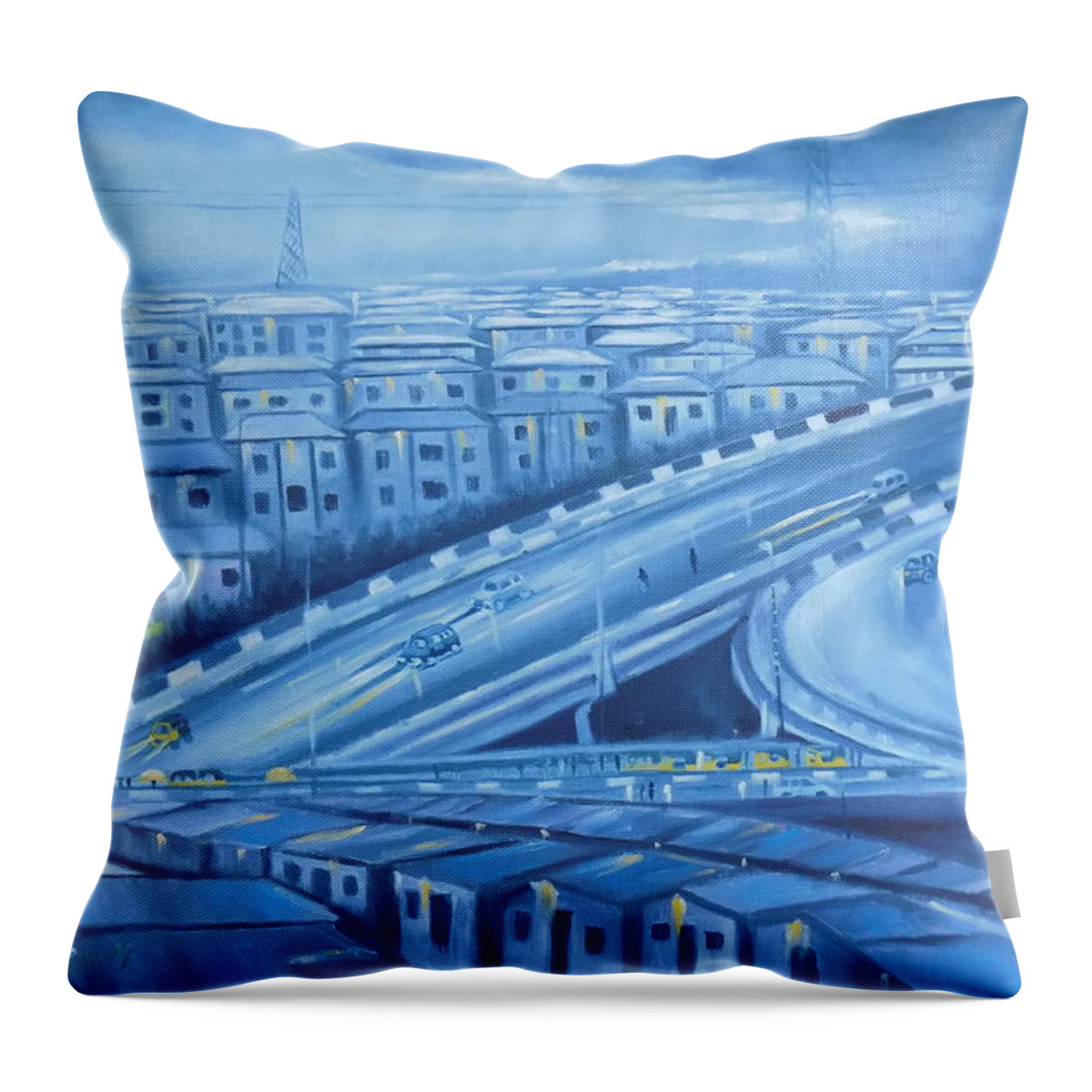 Living Room Throw Pillow featuring the painting Cele Across Bridge Lagos Okota by Olaoluwa Smith