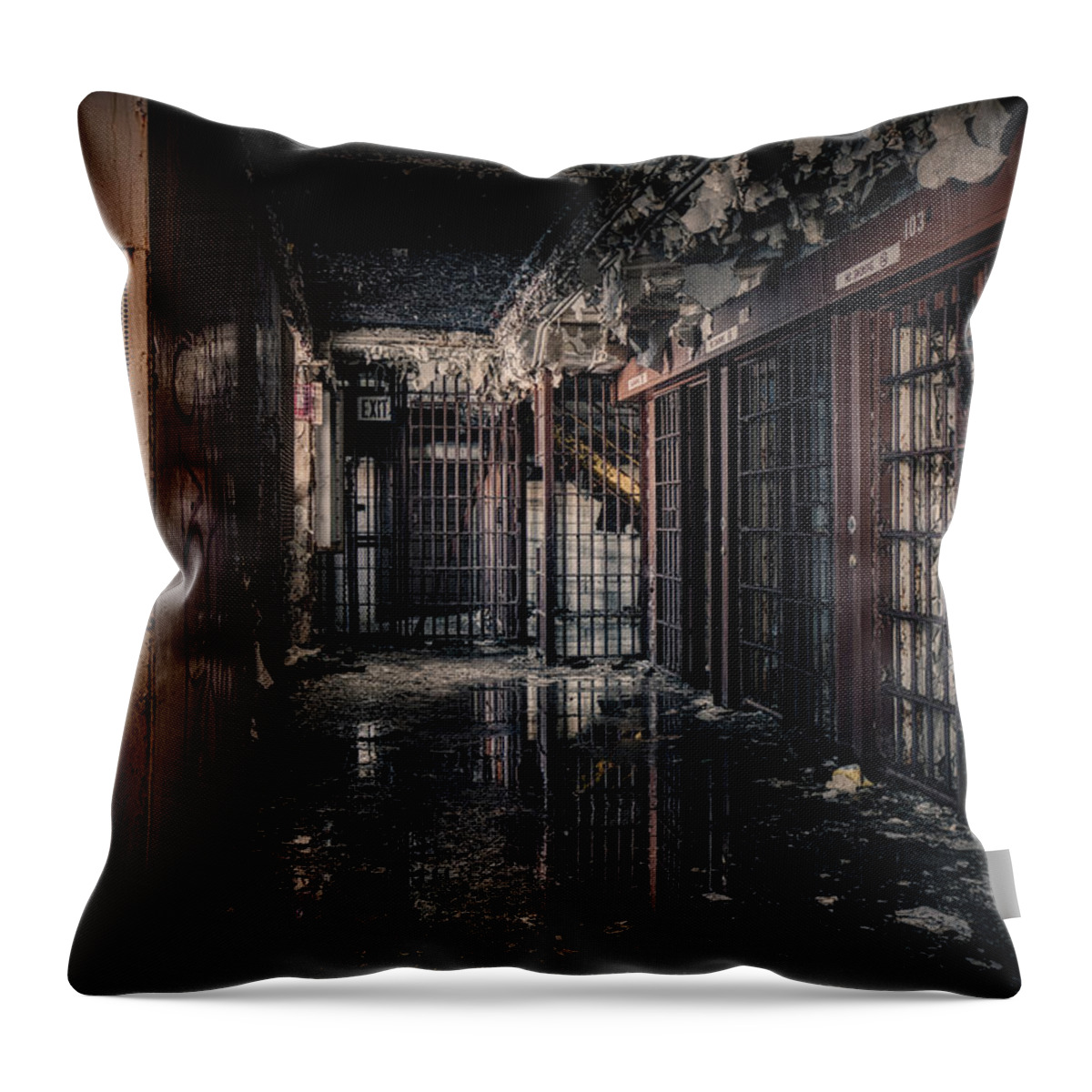 Joliet Throw Pillow featuring the photograph Cellblock Reflections by Mike Burgquist