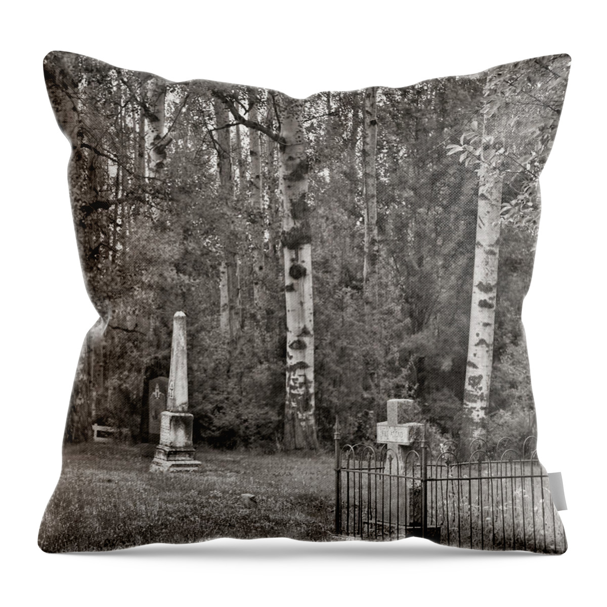 Cataldo Idaho Throw Pillow featuring the photograph Cemetery at Cataldo Mission BW by Cathy Anderson