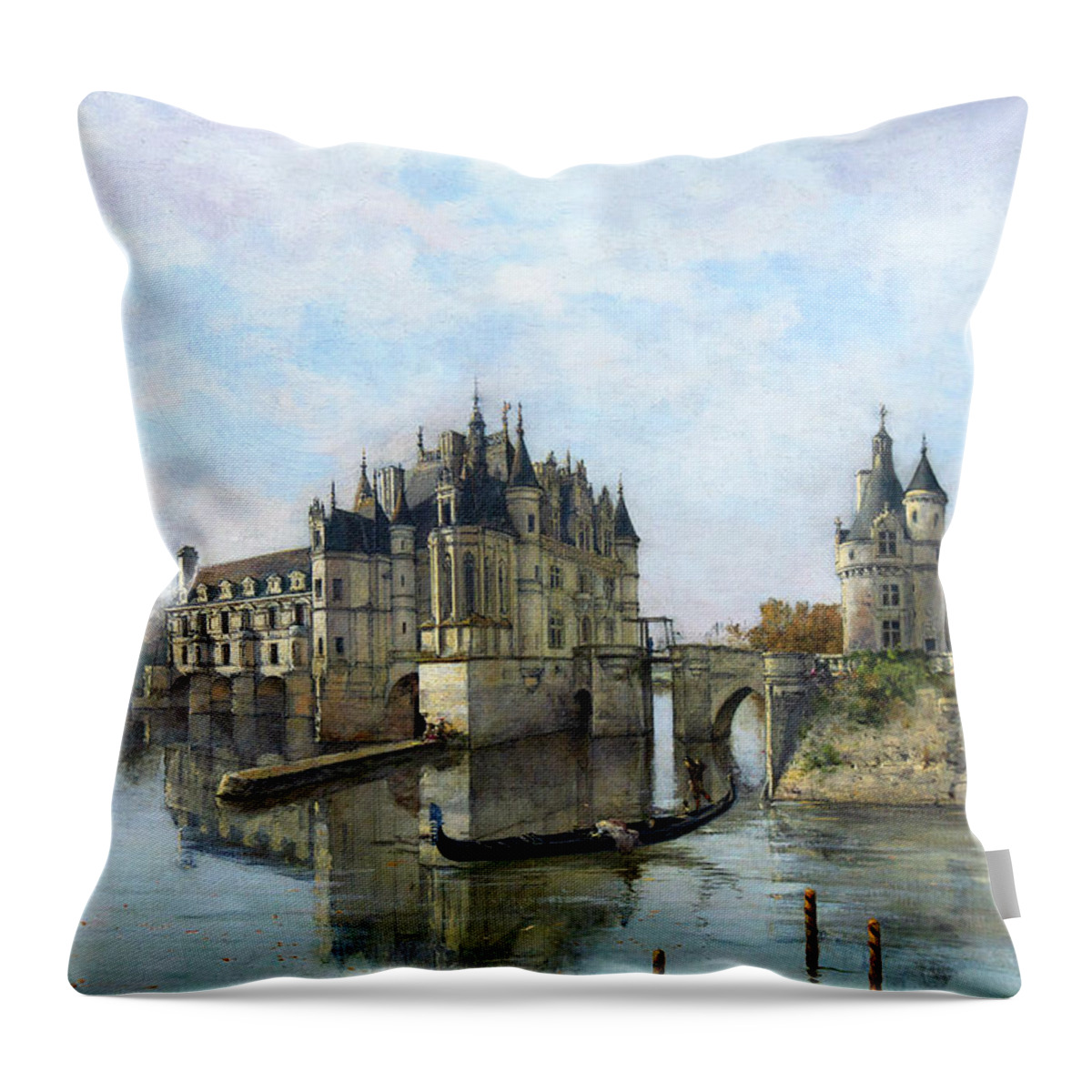 Chateau De Chenonceau Emmanuel Lansyer Throw Pillow featuring the painting Chateau de Chenonceau - Emmanuel Lansyer by Weston Westmoreland