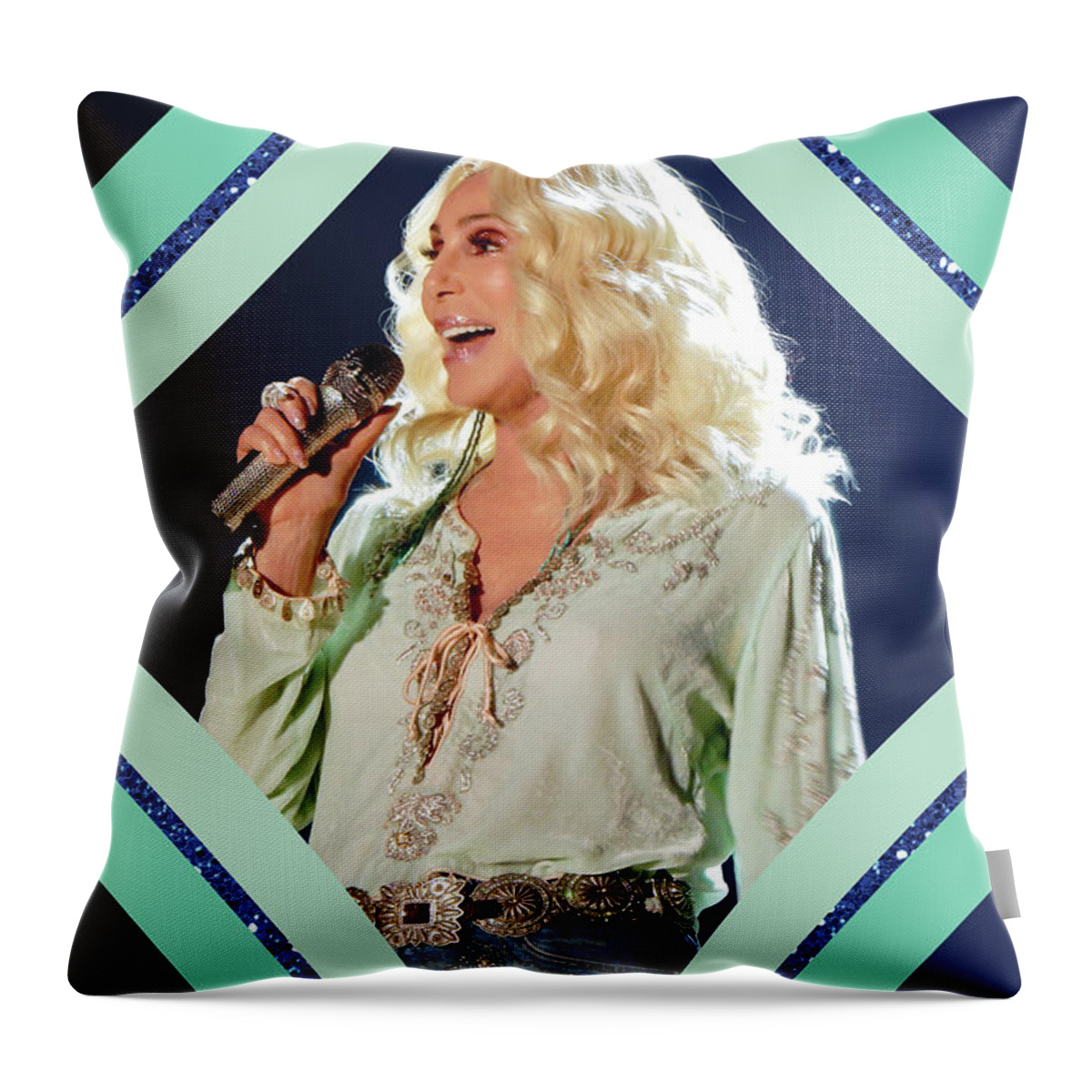 Cher Throw Pillow featuring the digital art Cher - Teal Diamond by Cher Style