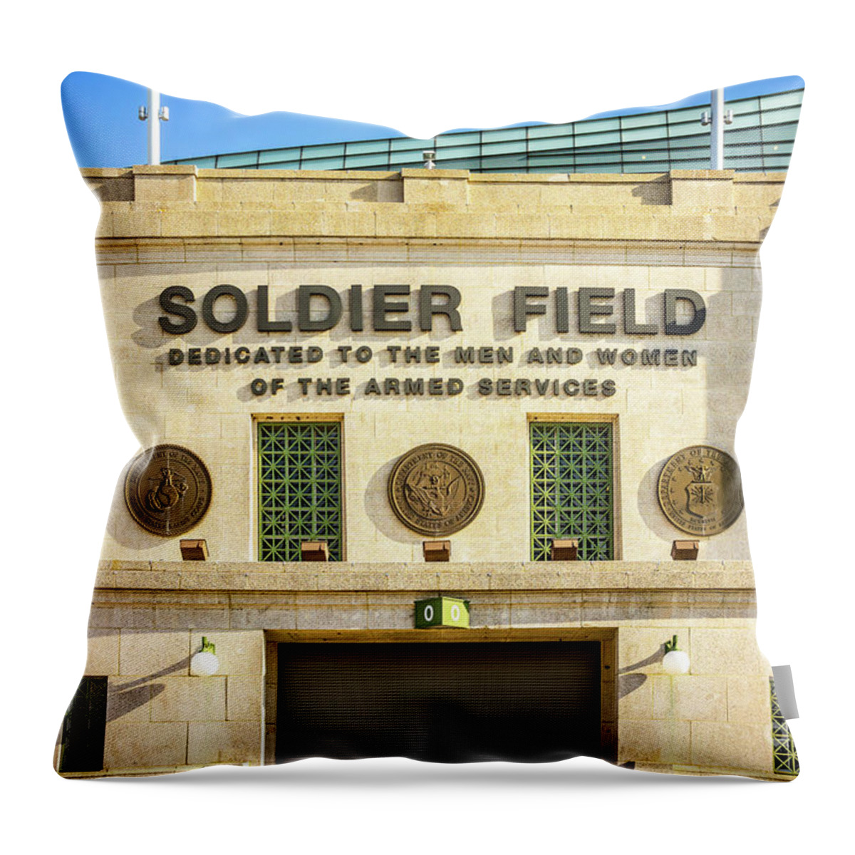America Throw Pillow featuring the photograph Chicago Bears Soldier Field Sign Photo by Paul Velgos