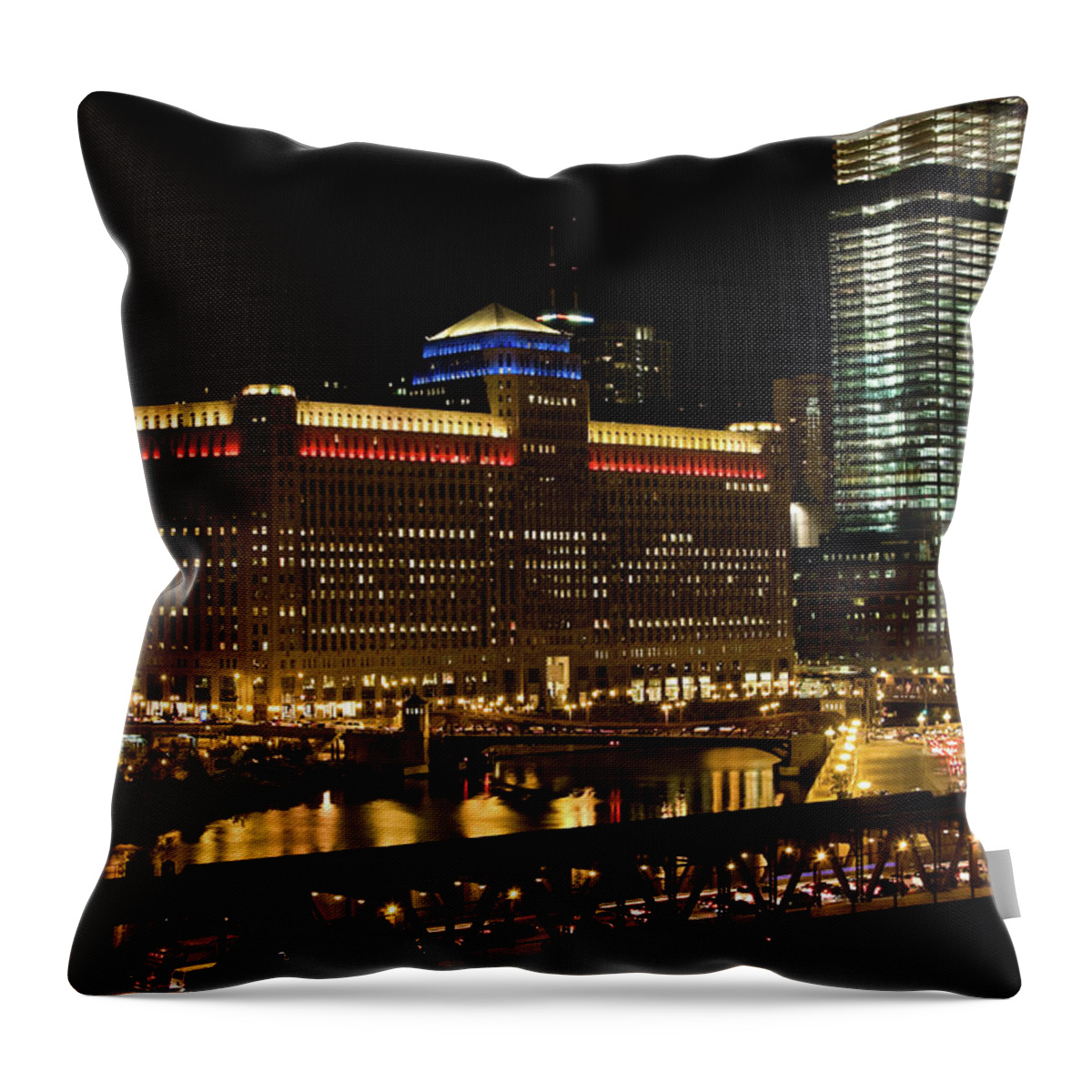 Chicago River Throw Pillow featuring the photograph Chicago Merchandise Mart by Helpinghandphotos