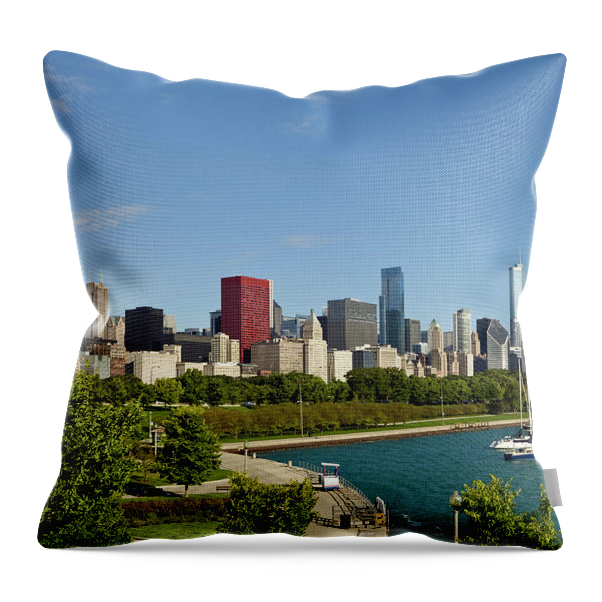 Lake Michigan Throw Pillow featuring the photograph Chicago Skyline On A Sunny Day by Kubrak78