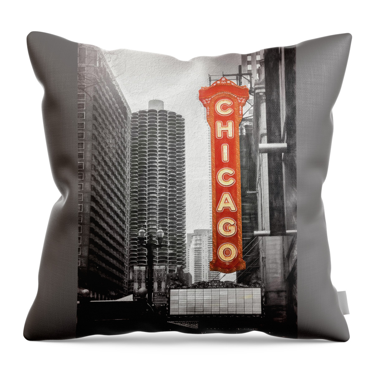 Chicago Throw Pillow featuring the photograph Chicago Theatre Sign Chicago Black and White by Carol Japp