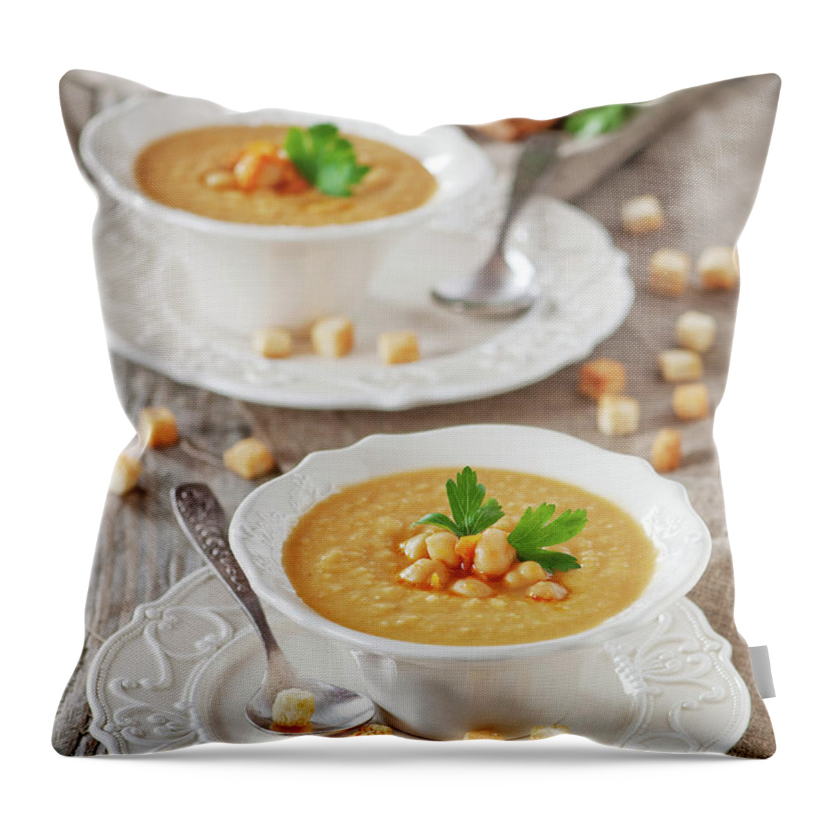 Spoon Throw Pillow featuring the photograph Chick-pea Soup by Oxana Denezhkina