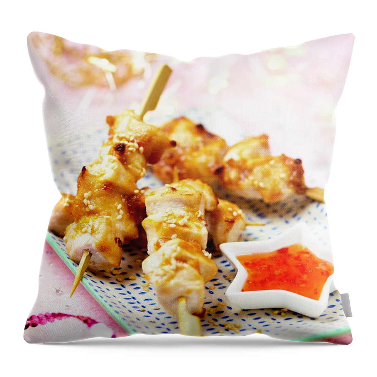 Ip_12339432 Throw Pillow featuring the photograph Chicken Satay Skewers With Chilli Sauce christmas by Jonathan Short