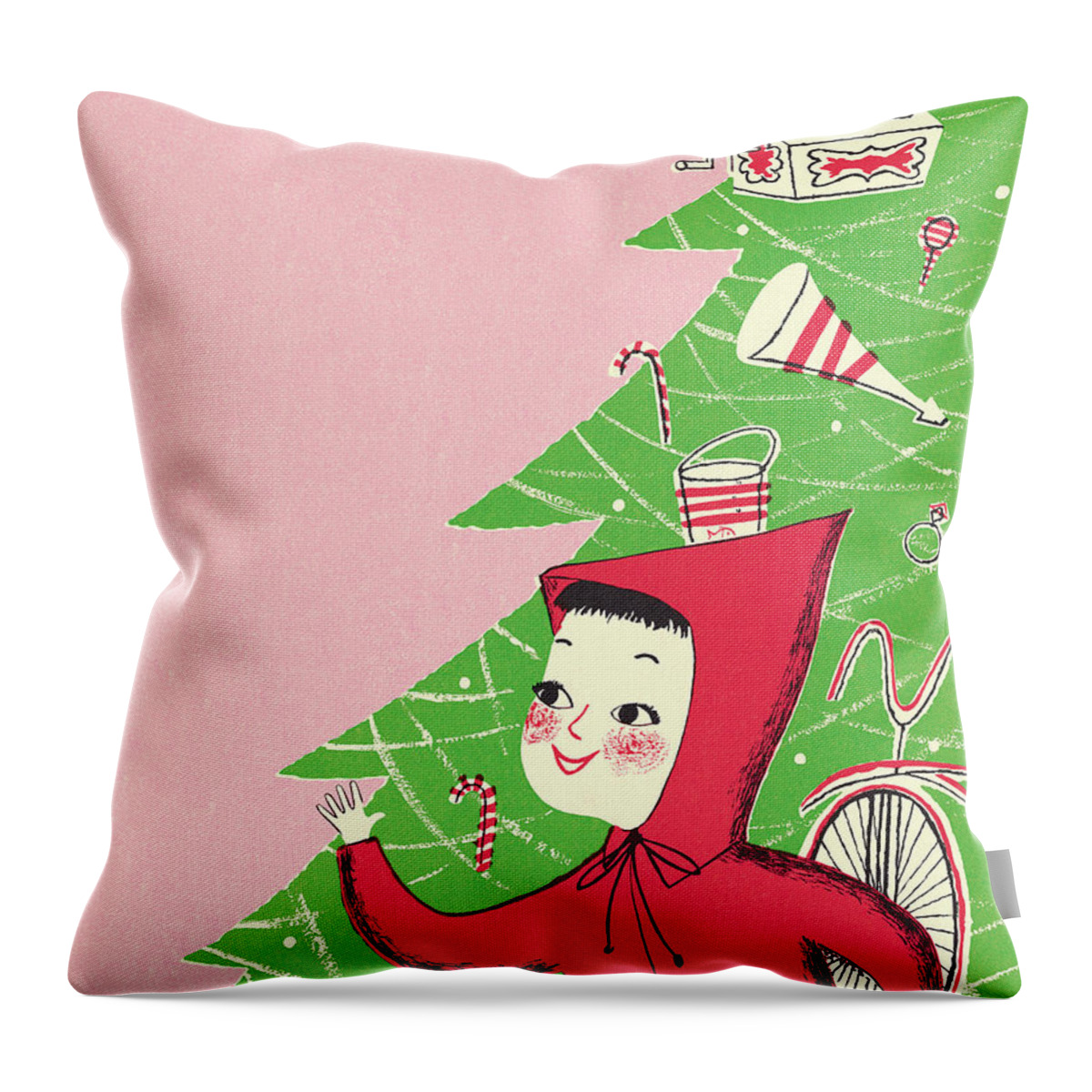 Campy Throw Pillow featuring the drawing Child and Christmas Tree by CSA Images