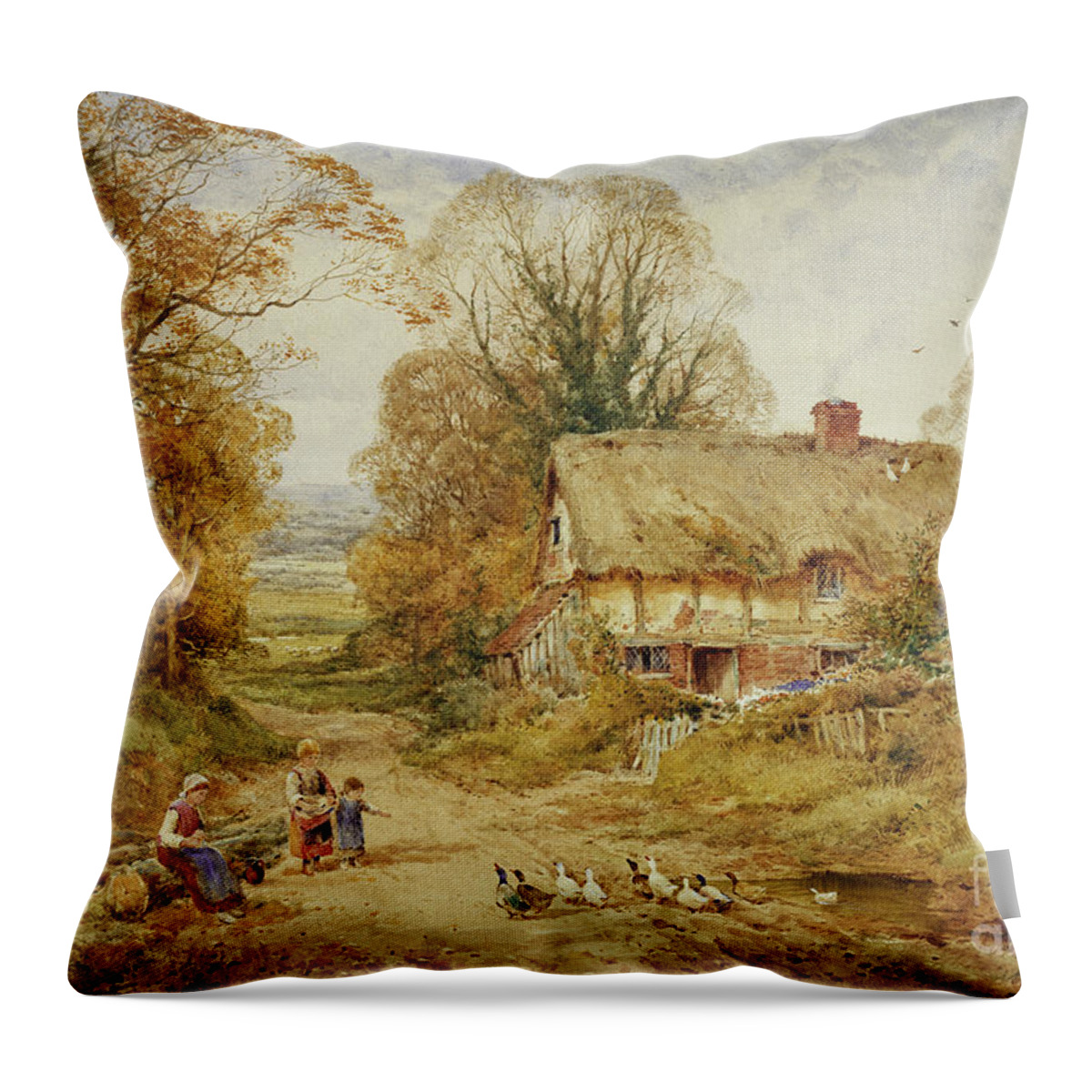 Animal Throw Pillow featuring the painting Children Feeding Ducks Beside A Cottage In A Wooded Lane by Henry John Sylvester Stannard